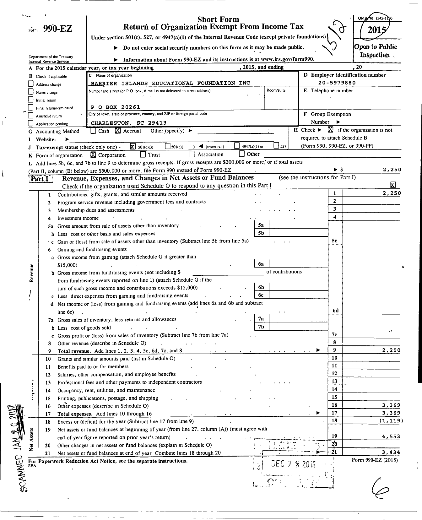 Image of first page of 2015 Form 990EZ for Barrier Islands Educational Foundation