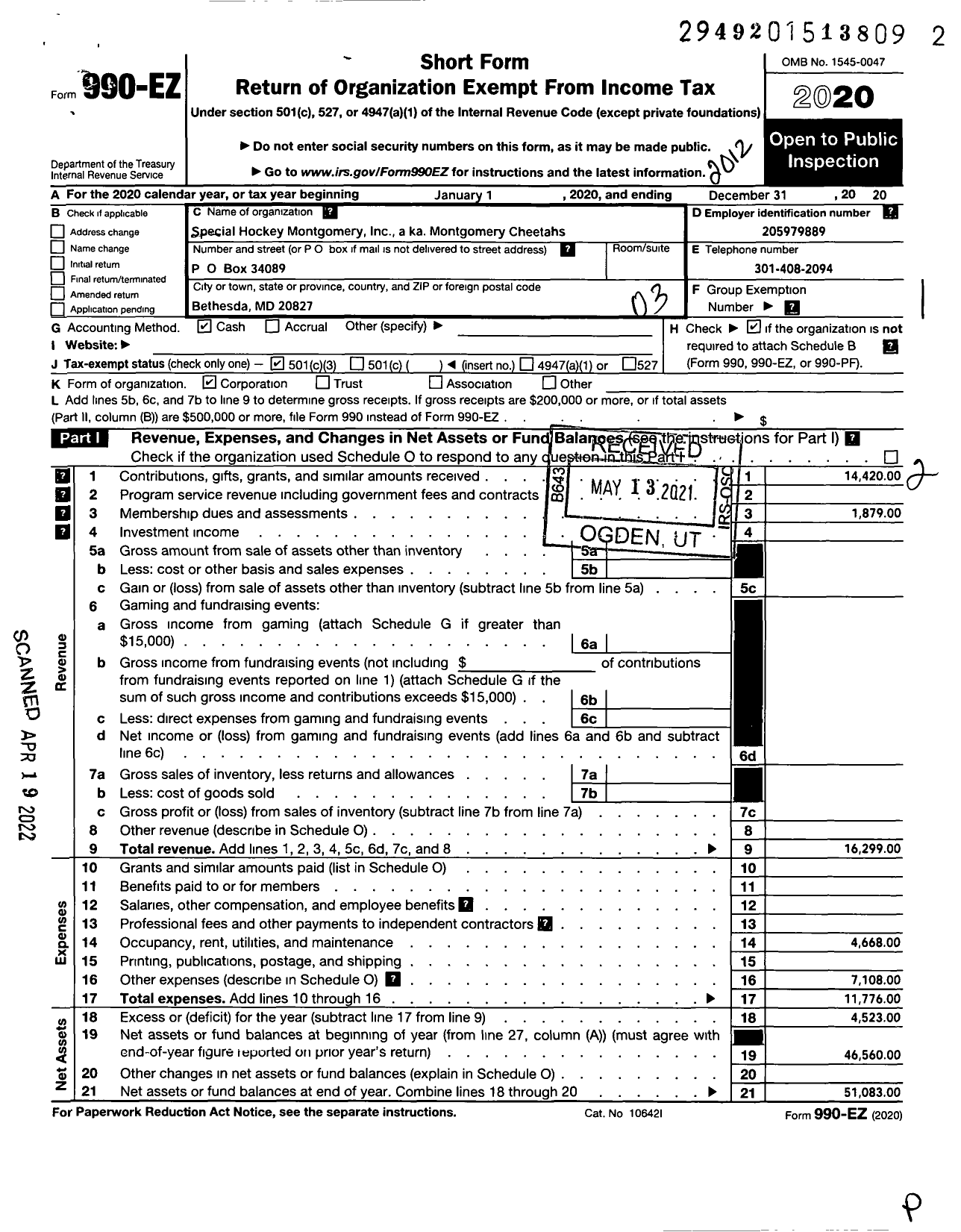 Image of first page of 2020 Form 990EZ for Special Hockey Montgomery