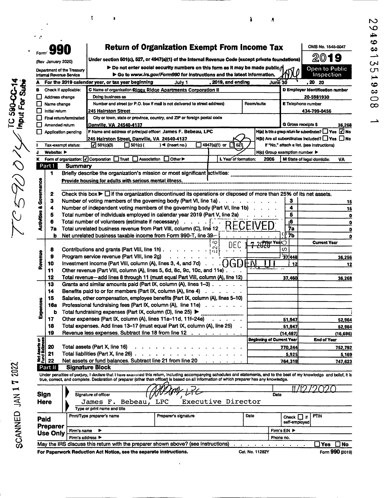 Image of first page of 2019 Form 990 for Piney Ridge Apartments Corporation Ii