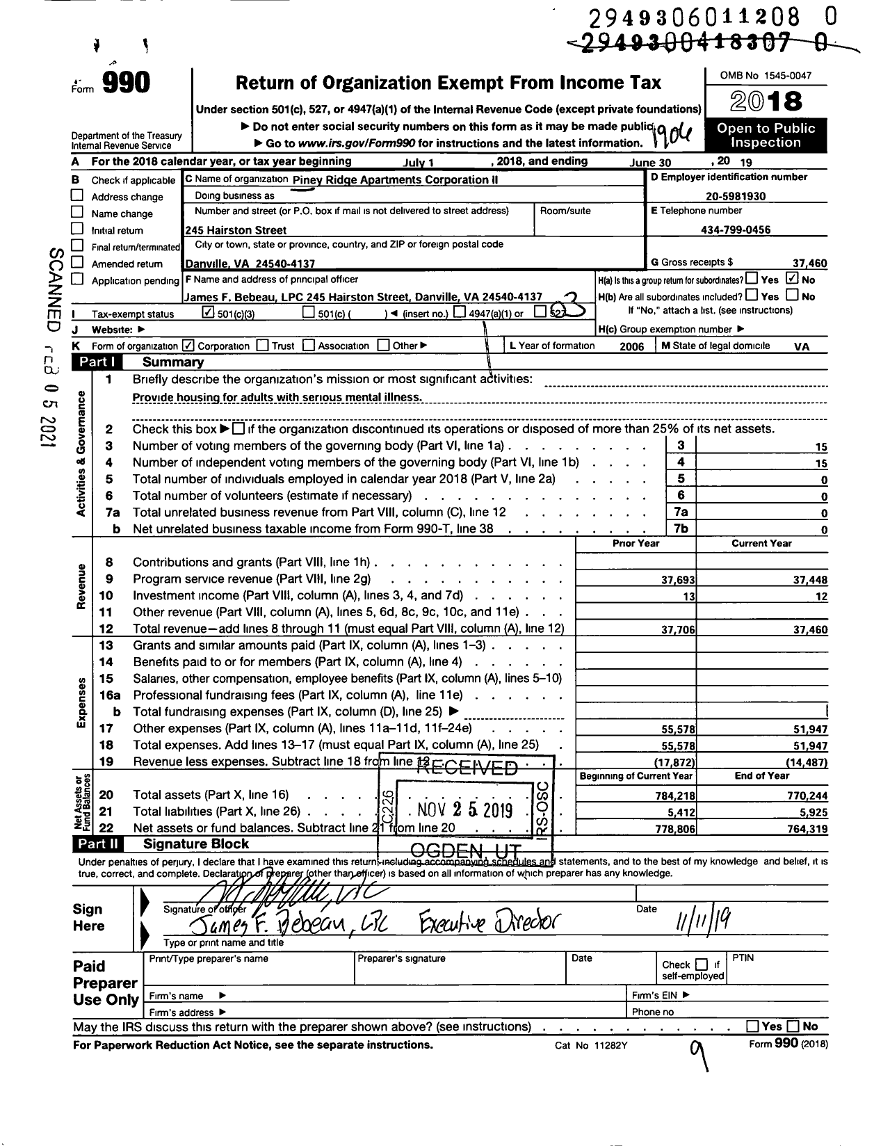 Image of first page of 2018 Form 990 for Piney Ridge Apartments Corporation Ii