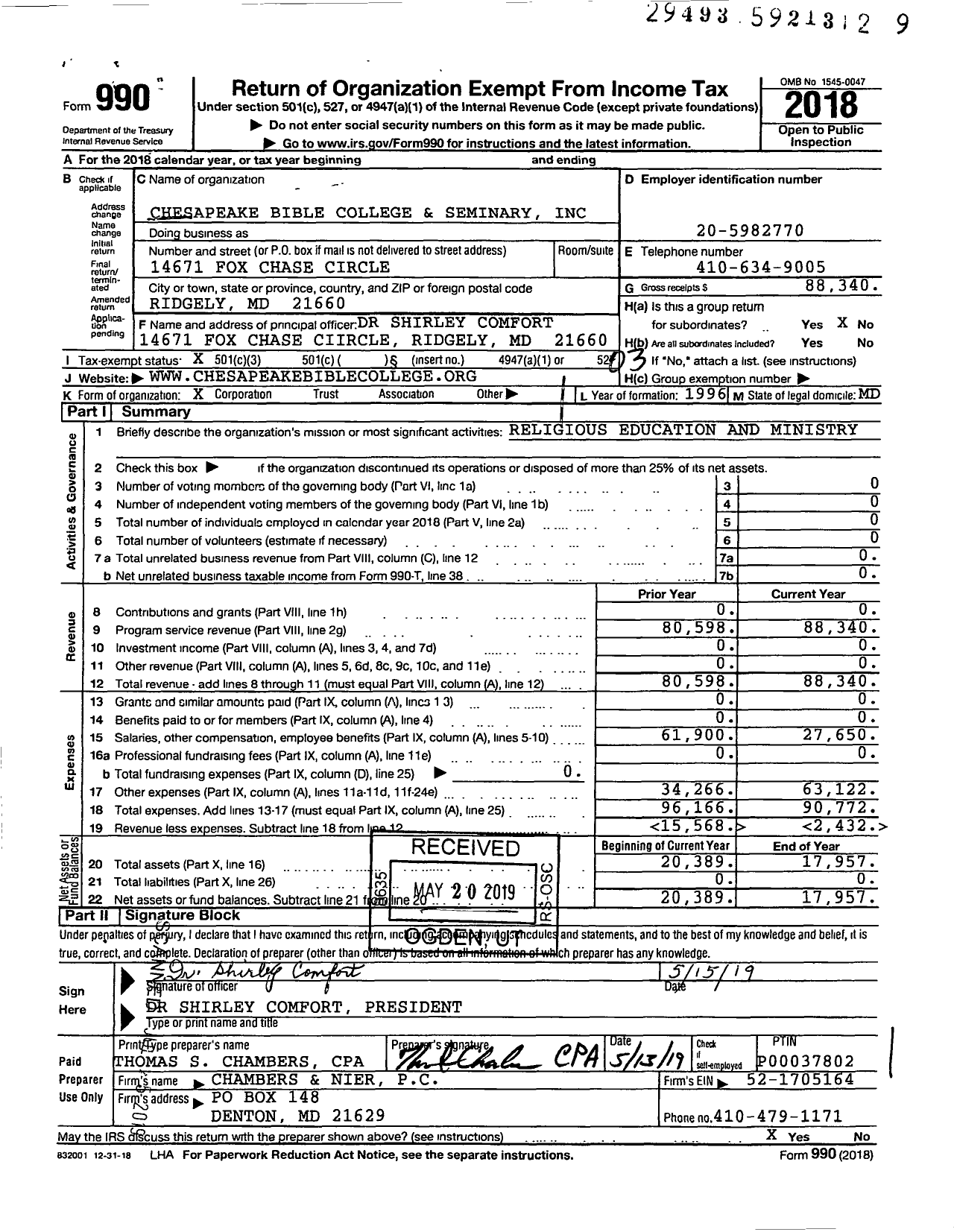 Image of first page of 2018 Form 990 for Chesapeake Bible College and Seminary