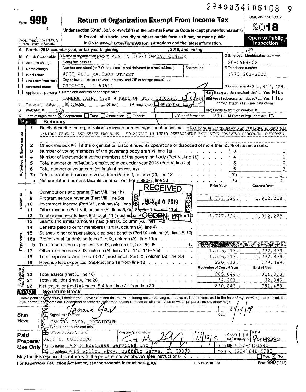 Image of first page of 2018 Form 990 for West Austin Development Center