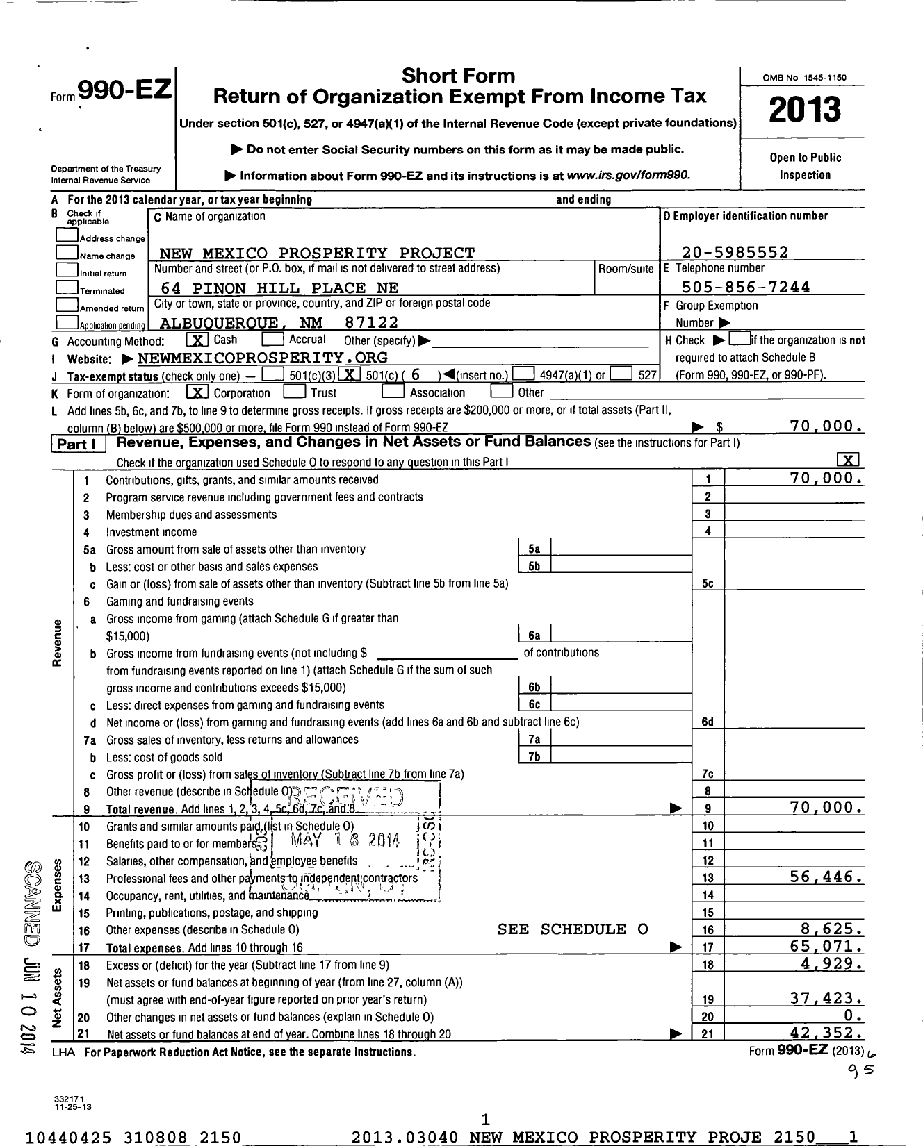 Image of first page of 2013 Form 990EO for New Mexico Prosperity Project