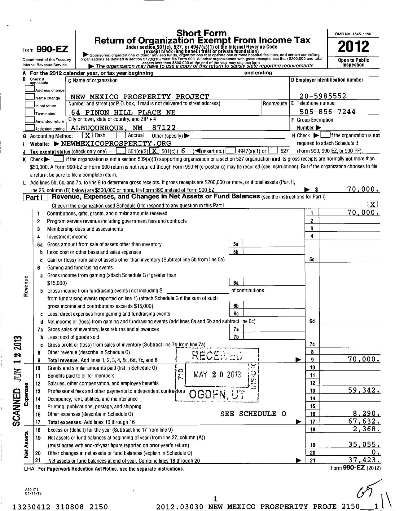 Image of first page of 2012 Form 990EO for New Mexico Prosperity Project