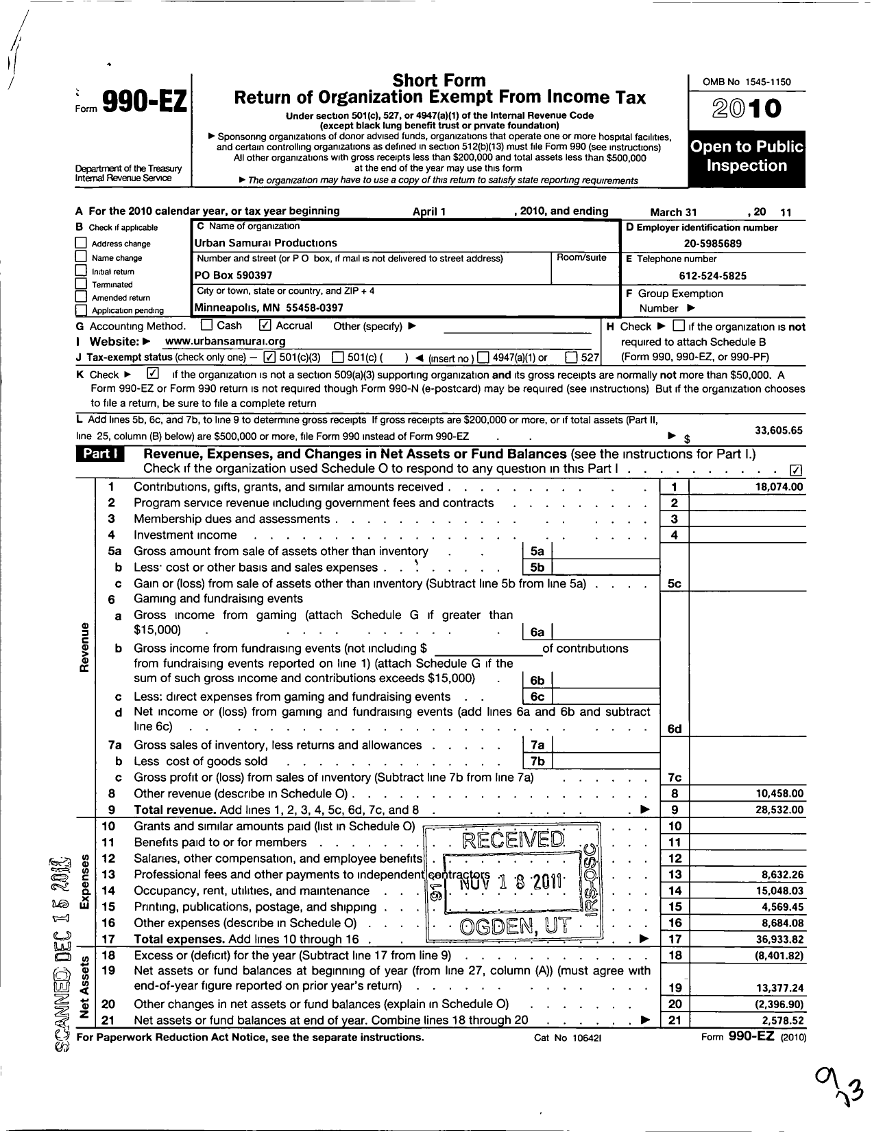 Image of first page of 2010 Form 990EZ for Urban Samurai Productions