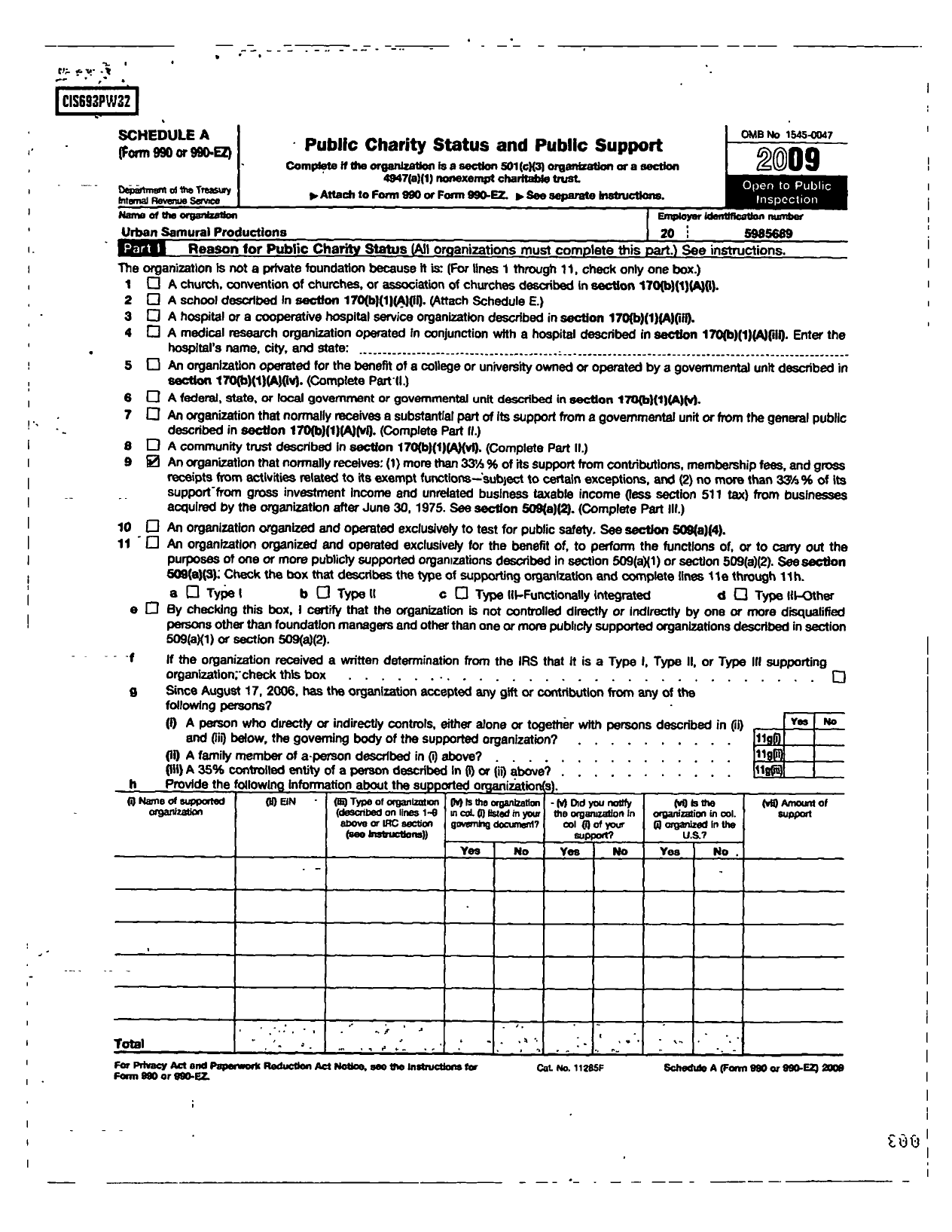 Image of first page of 2009 Form 990ER for Urban Samurai Productions