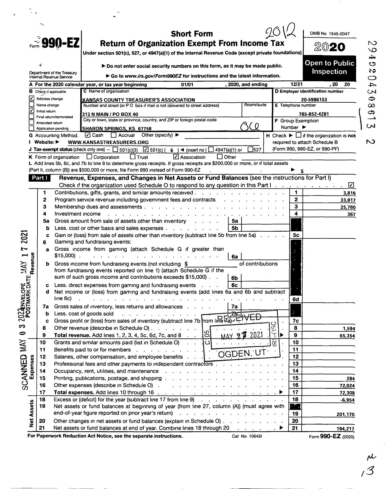 Image of first page of 2020 Form 990EO for Kansas County Treasurers Association