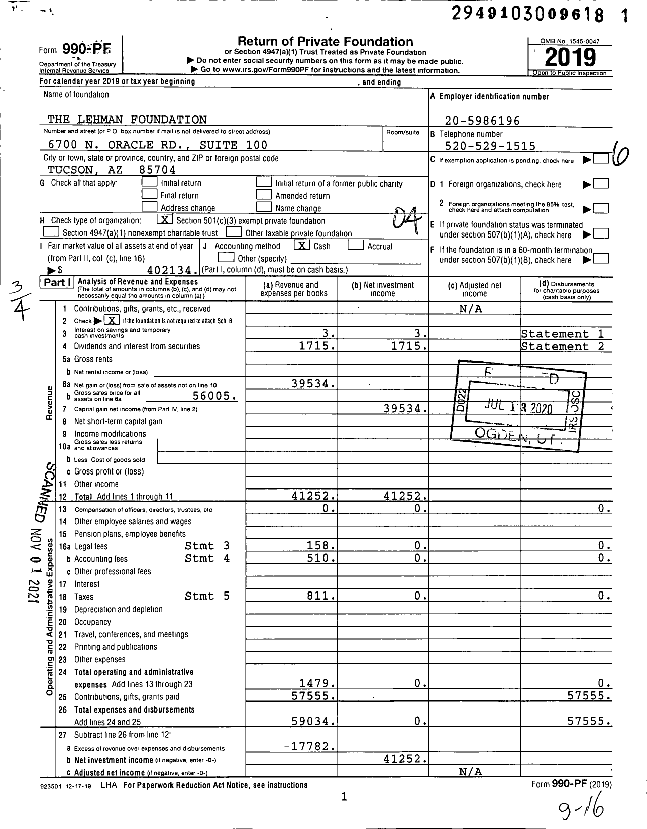 Image of first page of 2019 Form 990PF for The Lehman Foundation