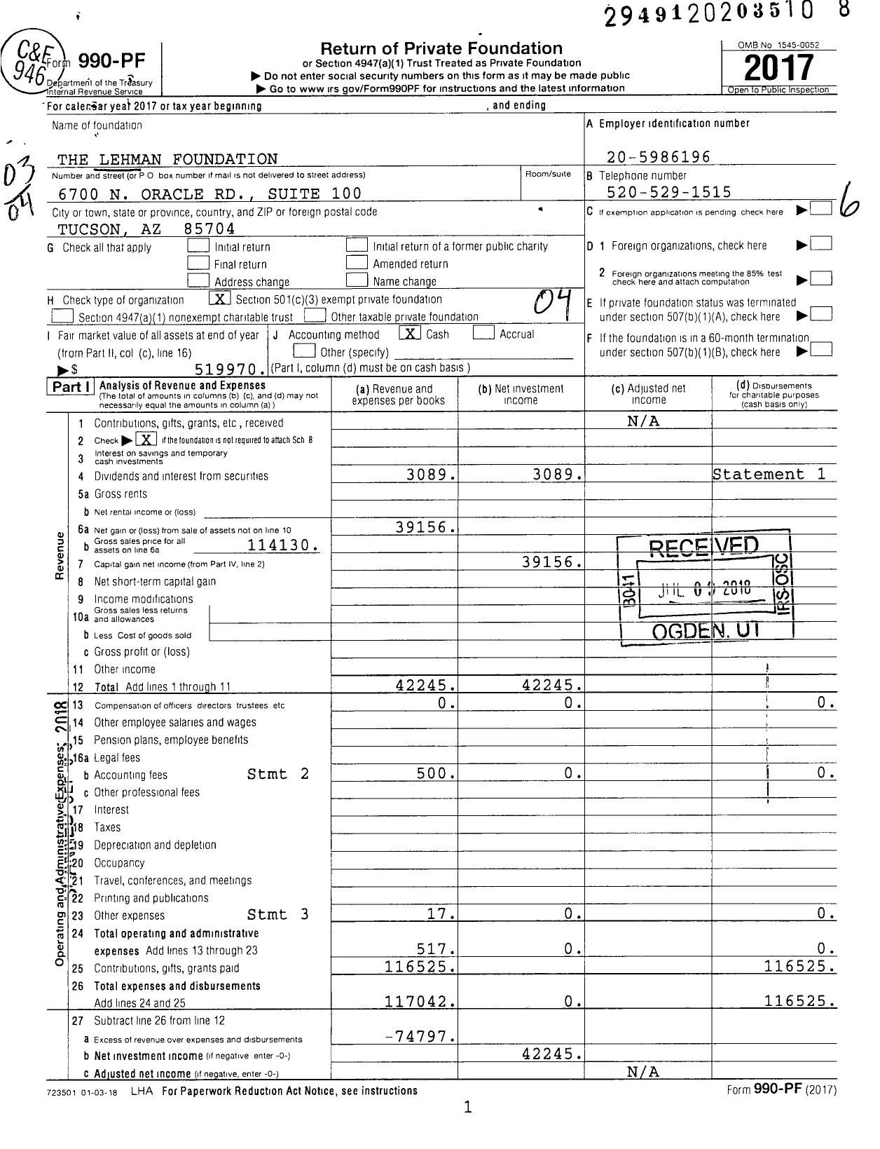 Image of first page of 2017 Form 990PF for The Lehman Foundation