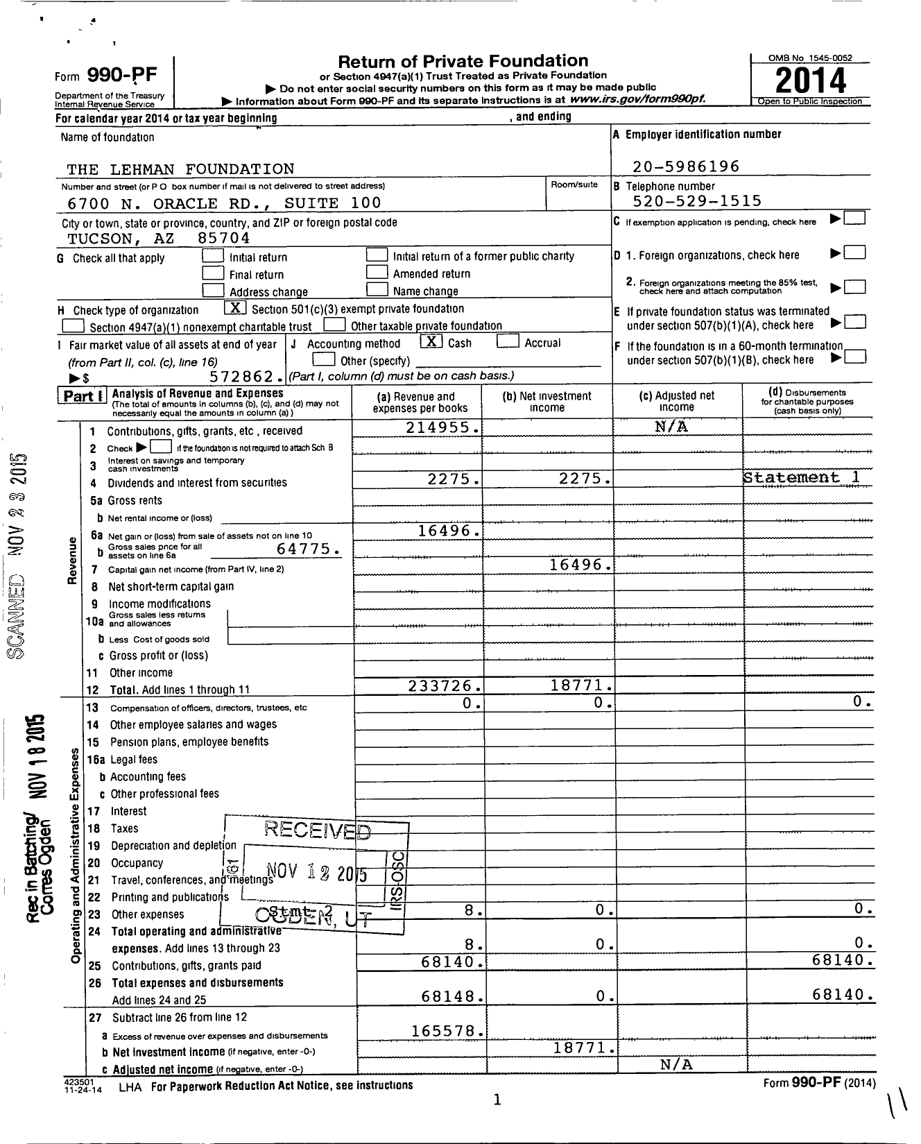 Image of first page of 2014 Form 990PF for The Lehman Foundation