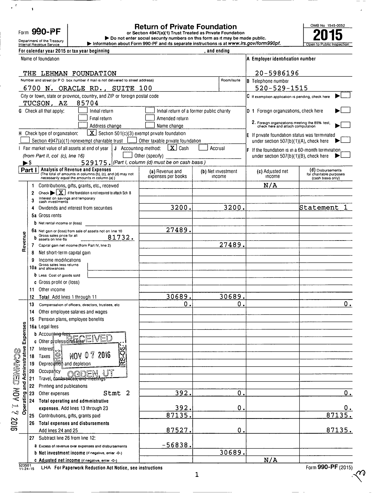 Image of first page of 2015 Form 990PF for The Lehman Foundation