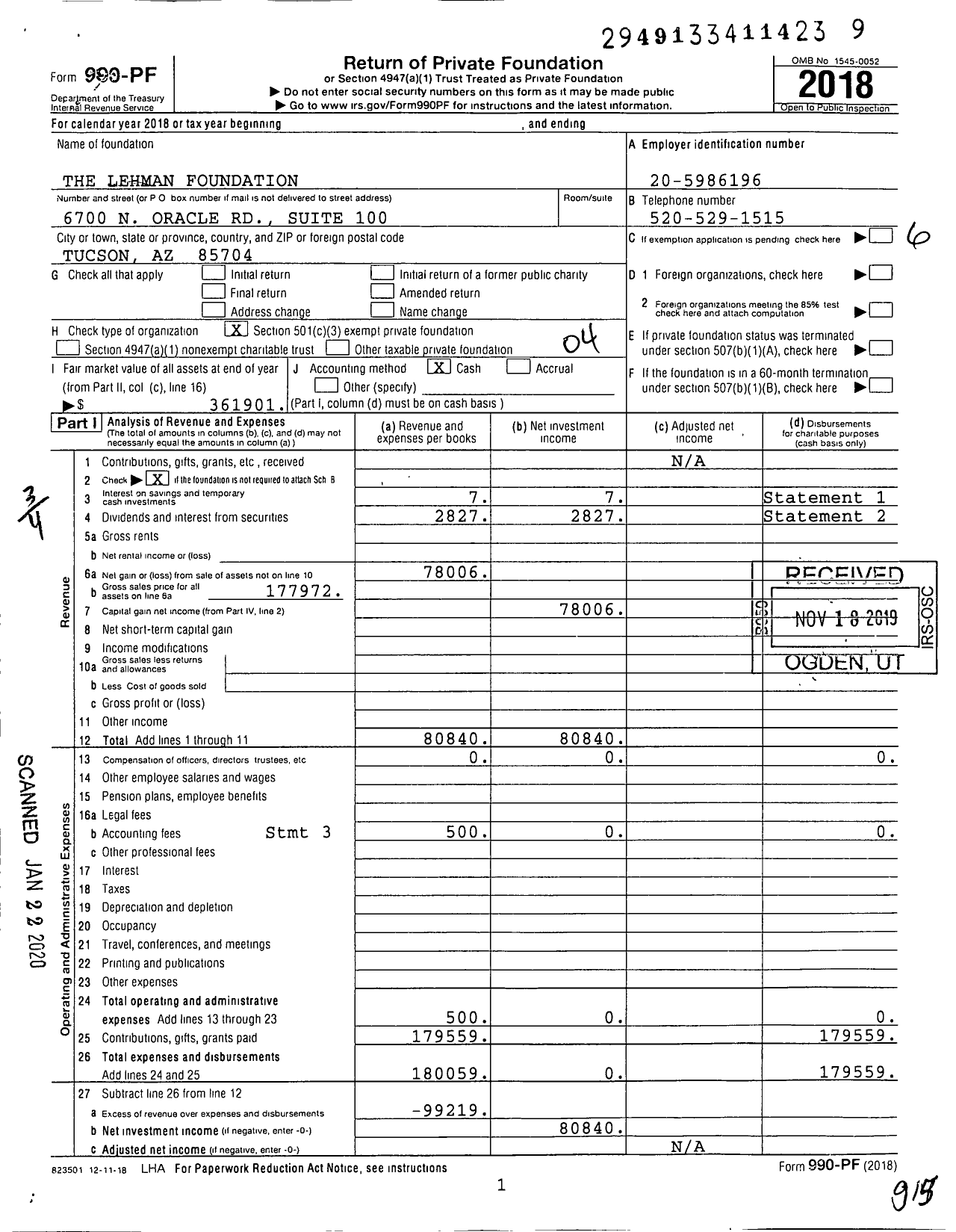 Image of first page of 2018 Form 990PF for The Lehman Foundation