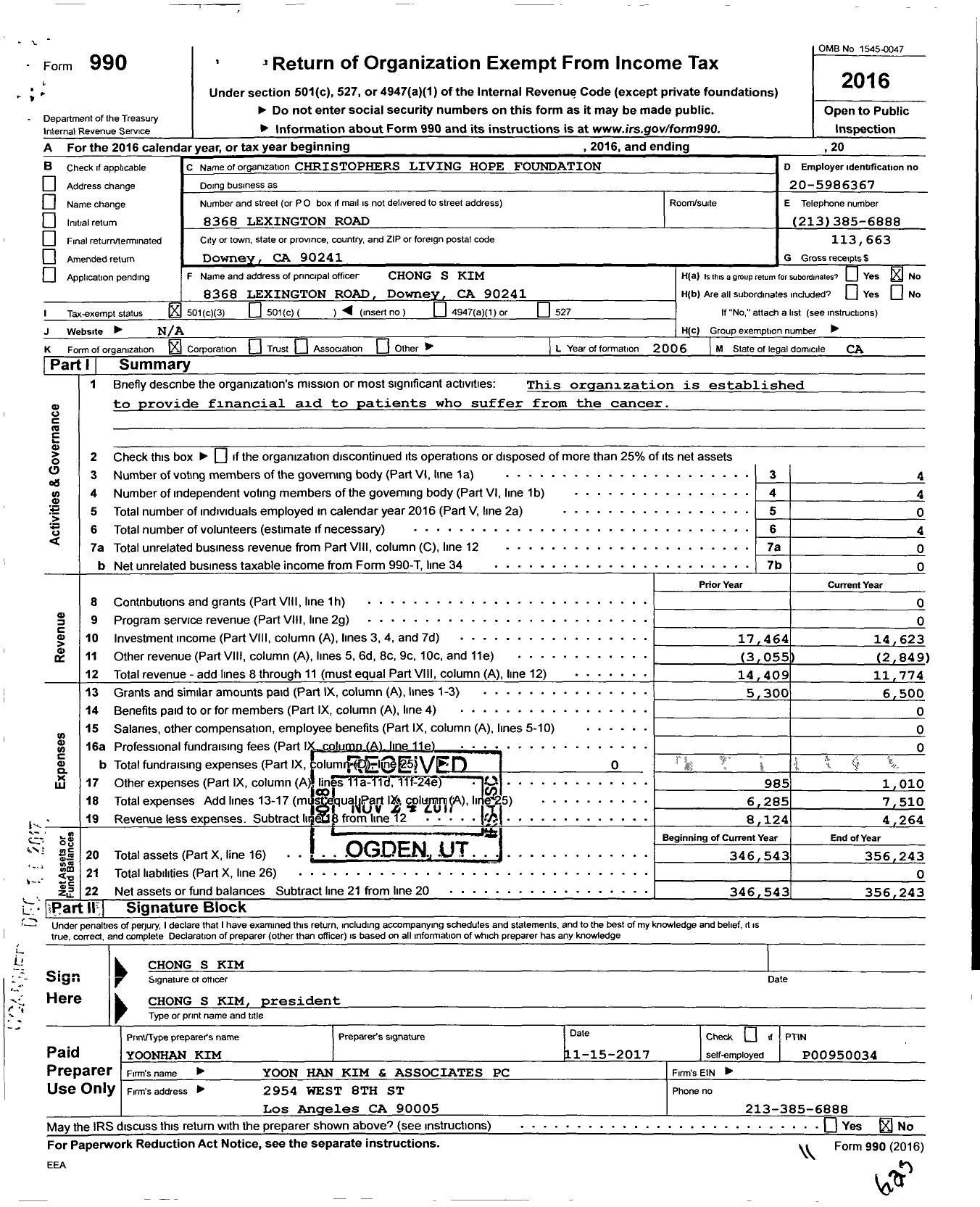 Image of first page of 2016 Form 990 for Christophers Living Hope Foundation
