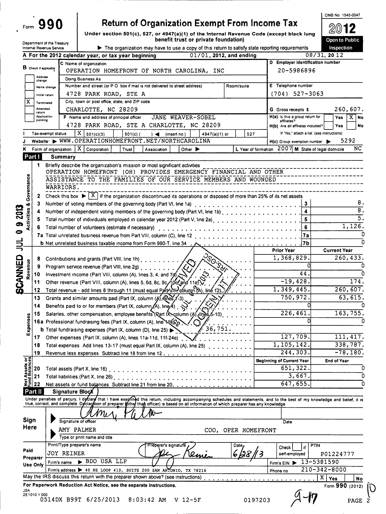 Image of first page of 2011 Form 990 for Operation Homefront of North Carolina