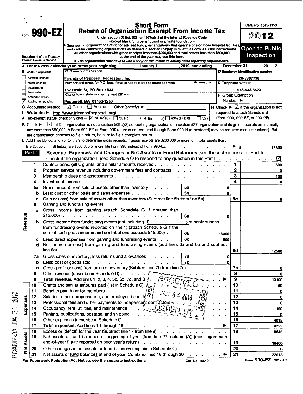 Image of first page of 2012 Form 990EZ for Friends of Pepperell Recreation