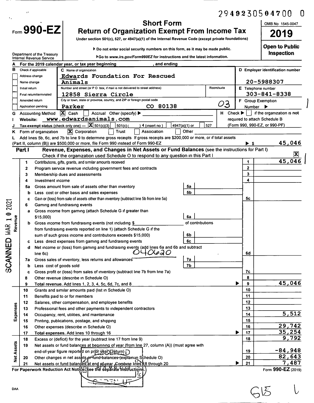 Image of first page of 2019 Form 990EZ for Edwards Foundation for Rescued Animals