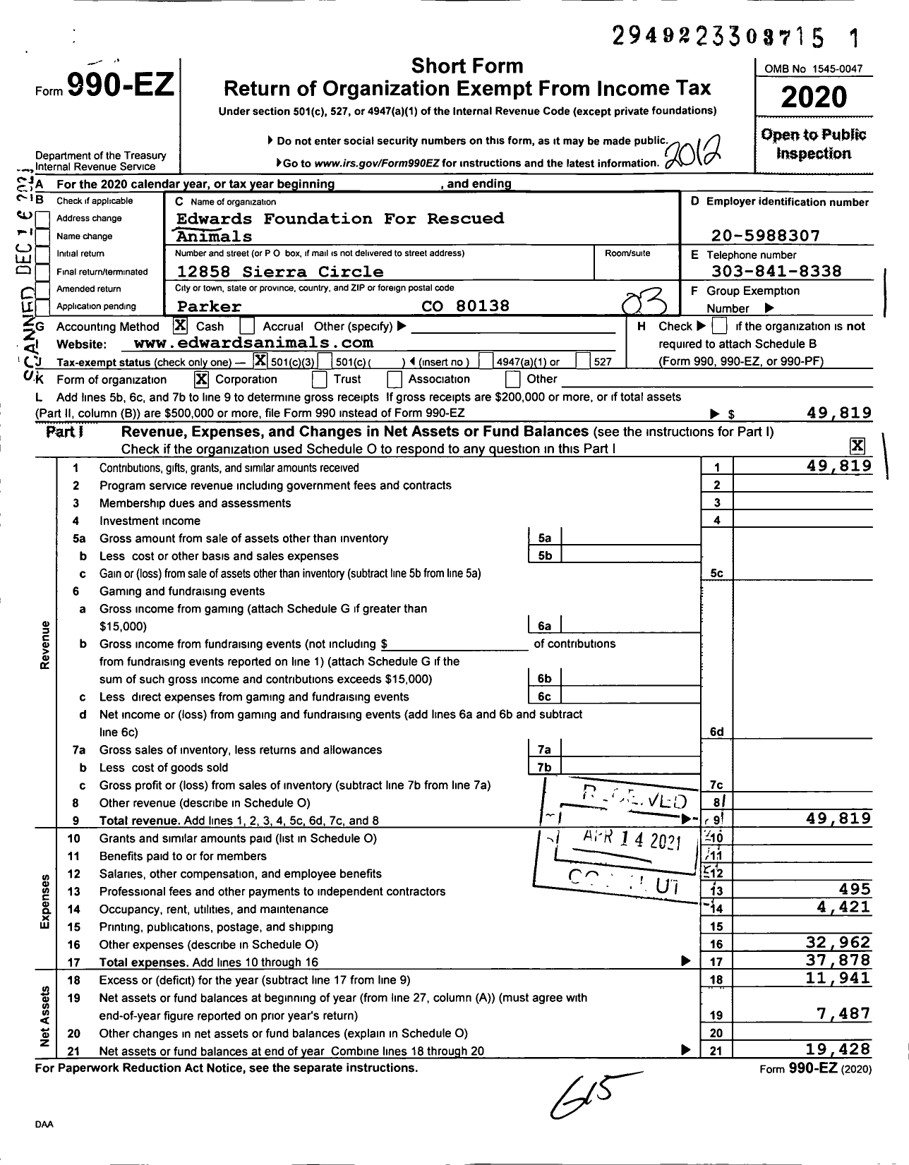 Image of first page of 2020 Form 990EZ for Edwards Foundation for Rescued Animals