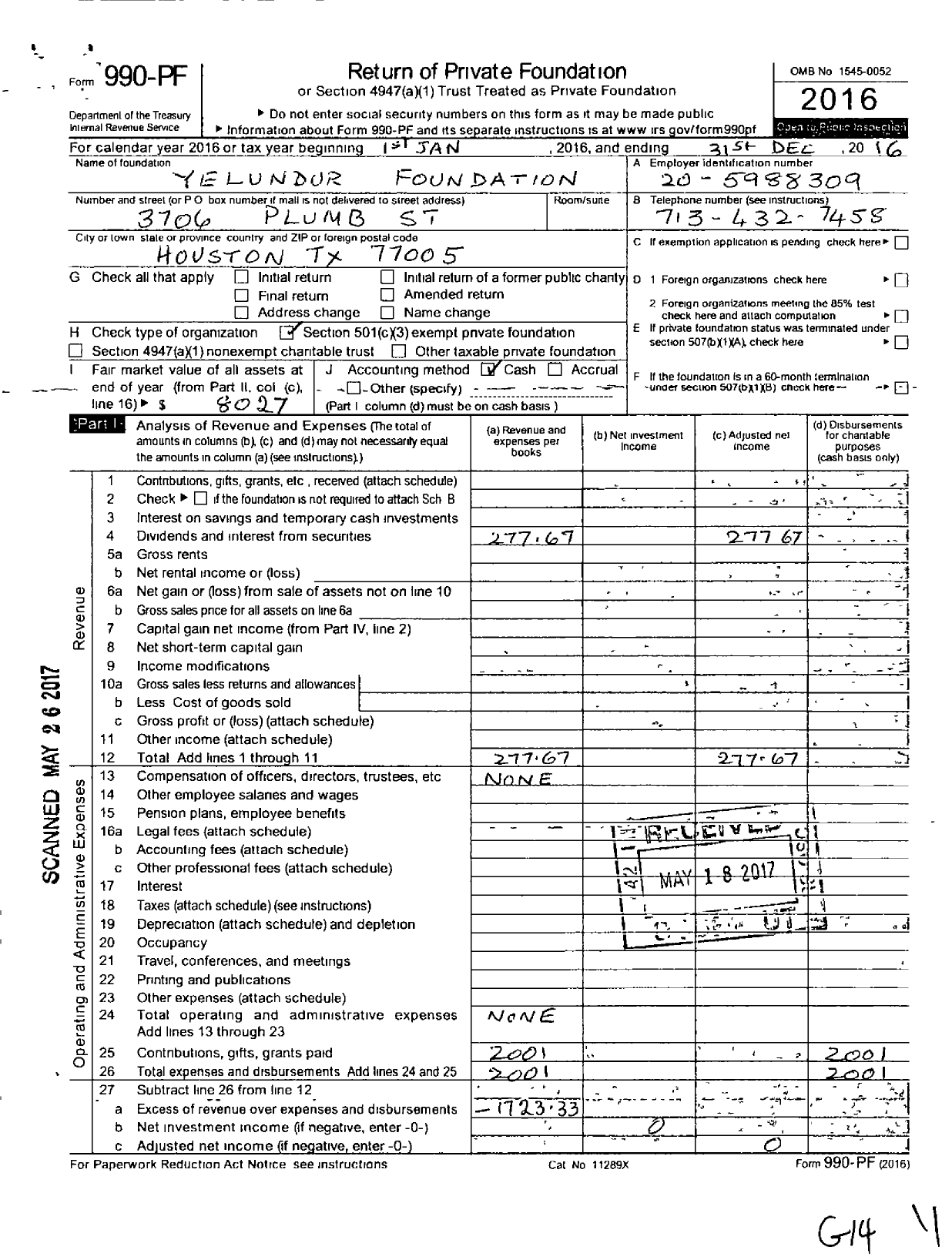 Image of first page of 2016 Form 990PF for The Yelundur Foundation