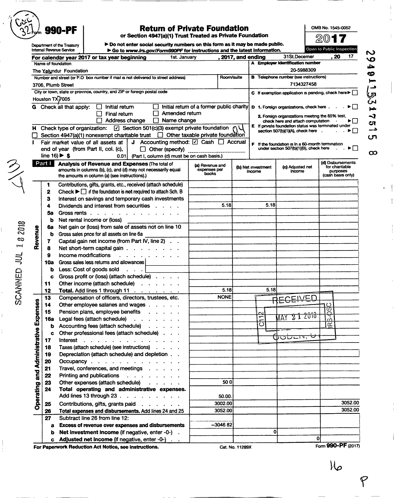 Image of first page of 2017 Form 990PF for The Yelundur Foundation