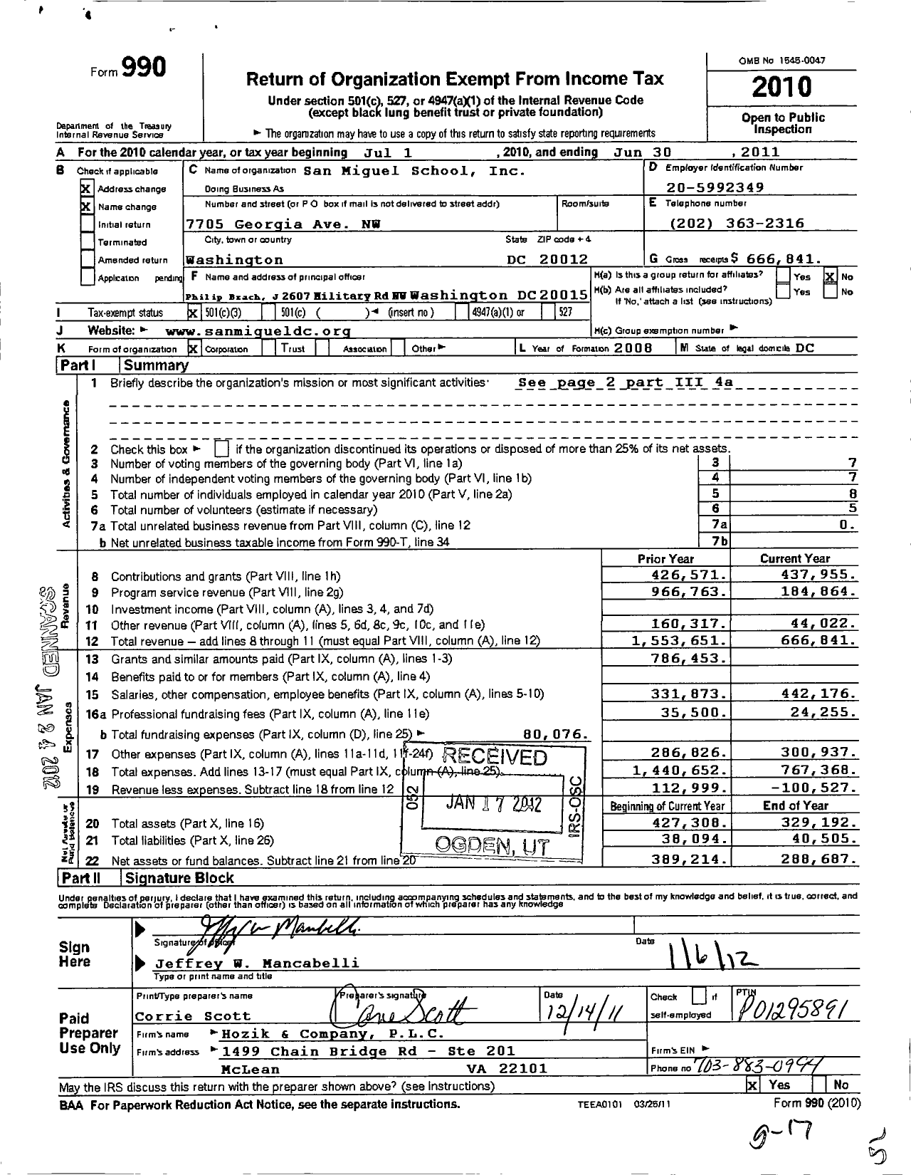 Image of first page of 2010 Form 990 for San Miquel School