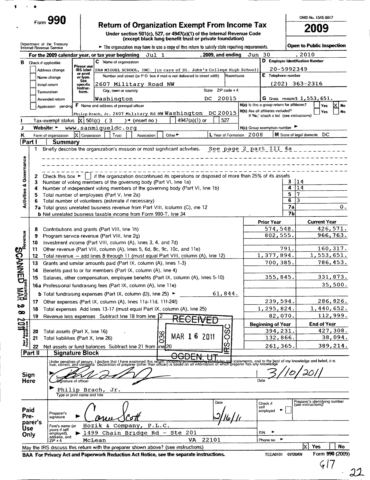 Image of first page of 2009 Form 990 for San Miquel School