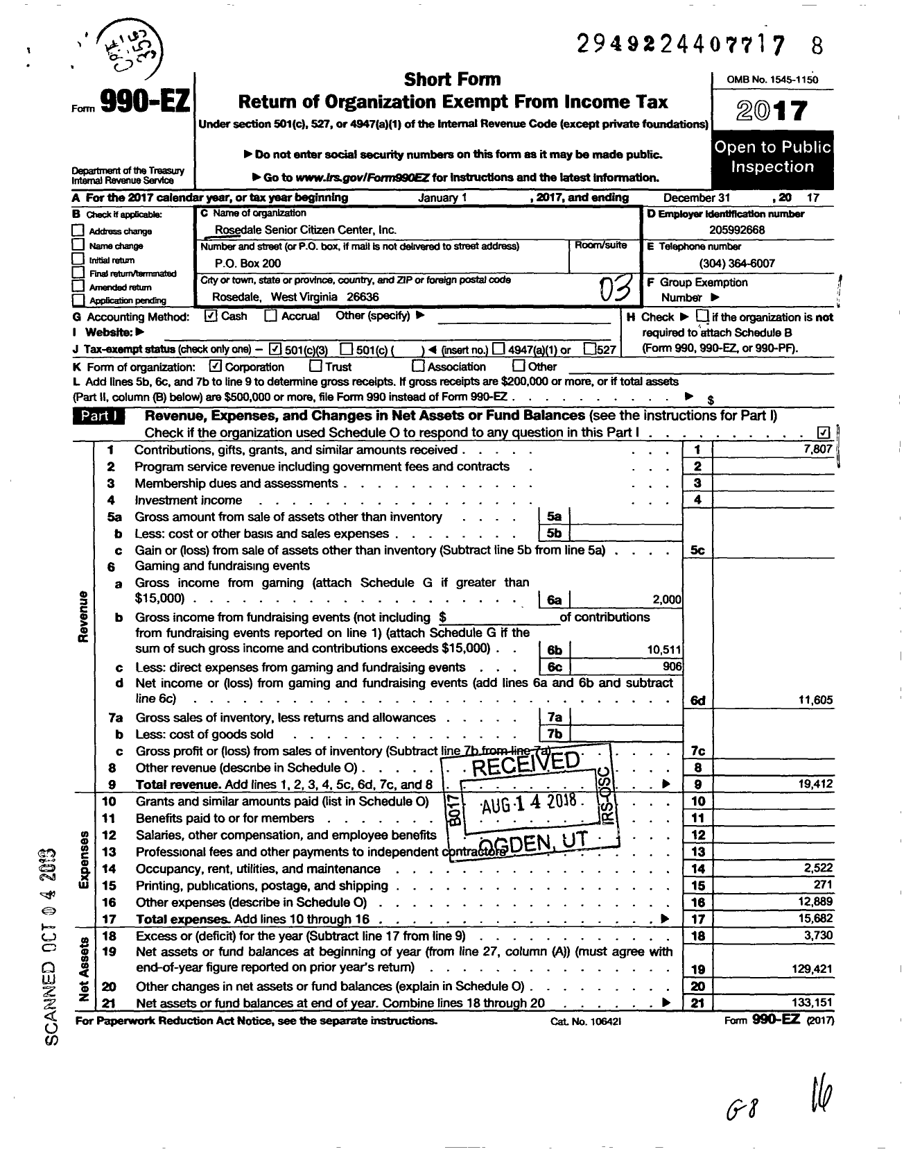 Image of first page of 2017 Form 990EZ for Rosedale Senior Citizen Center