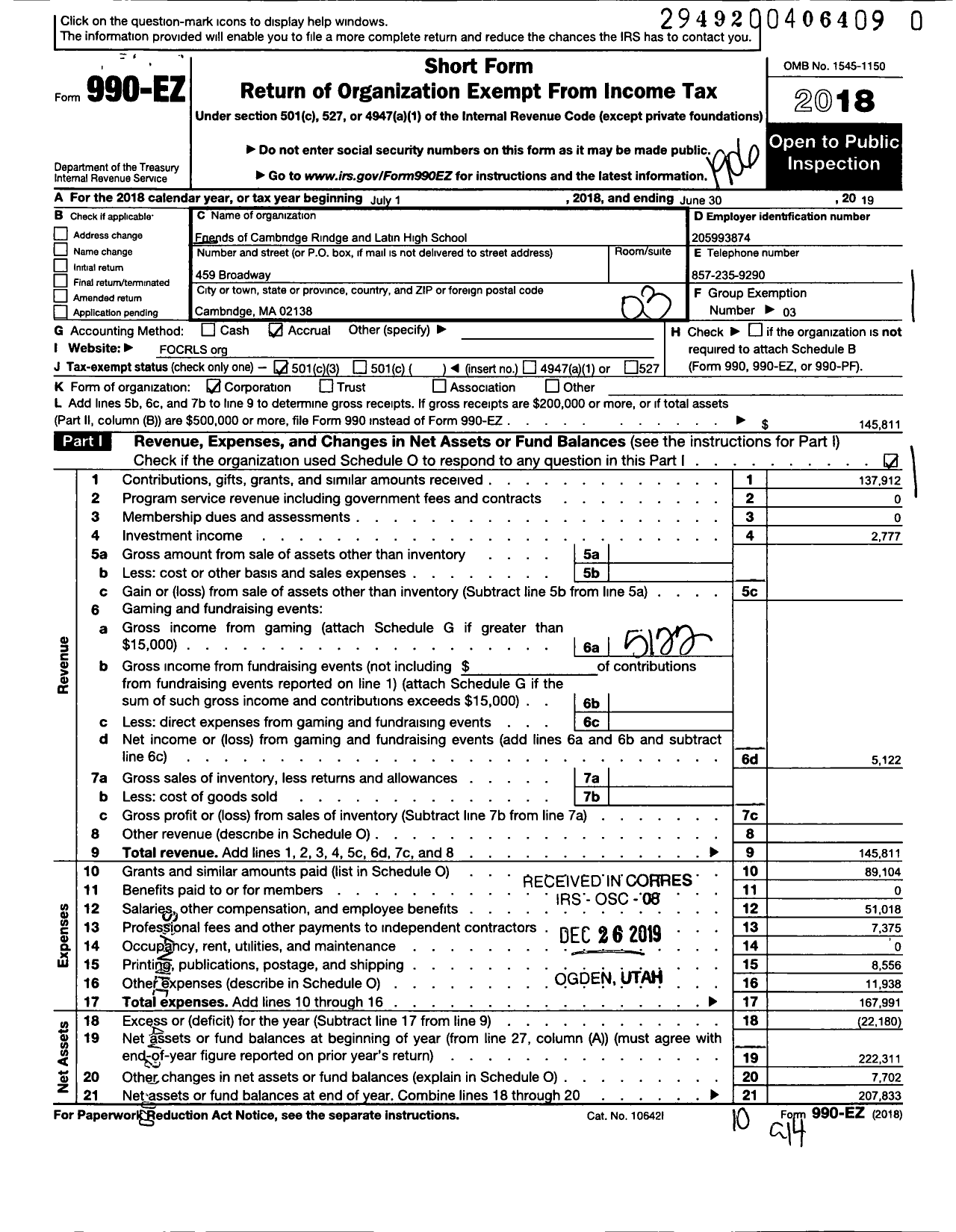 Image of first page of 2018 Form 990EZ for Friends of Cambridge Rindge and