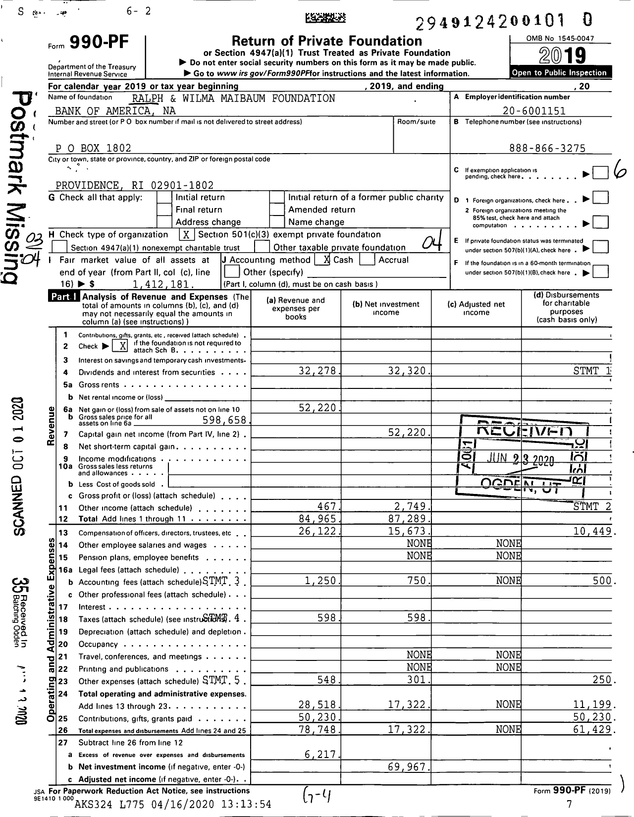 Image of first page of 2019 Form 990PR for Ralph and Wilma Maibaum Foundation