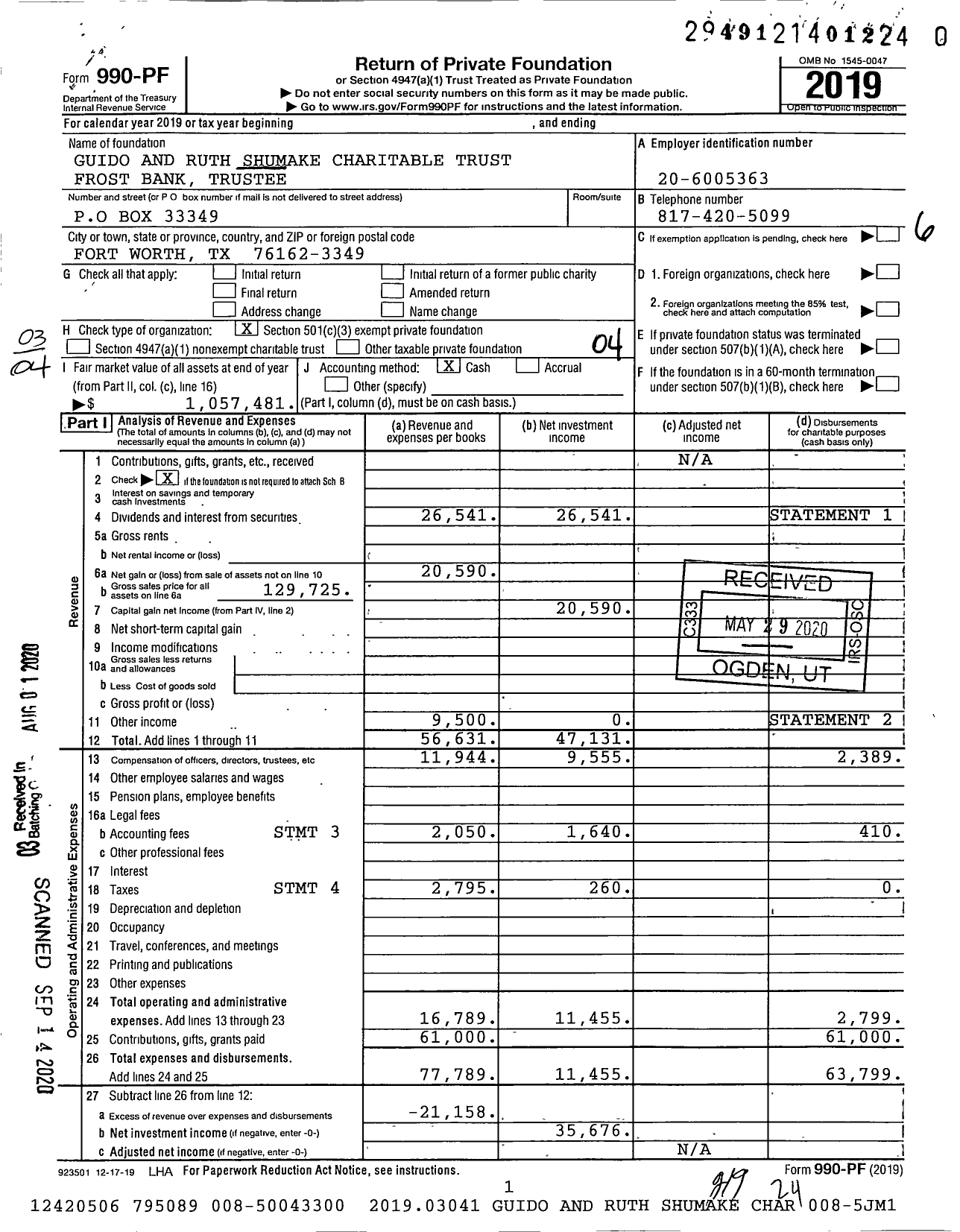 Image of first page of 2019 Form 990PR for Guido and Ruth Shumake Charitable Trust