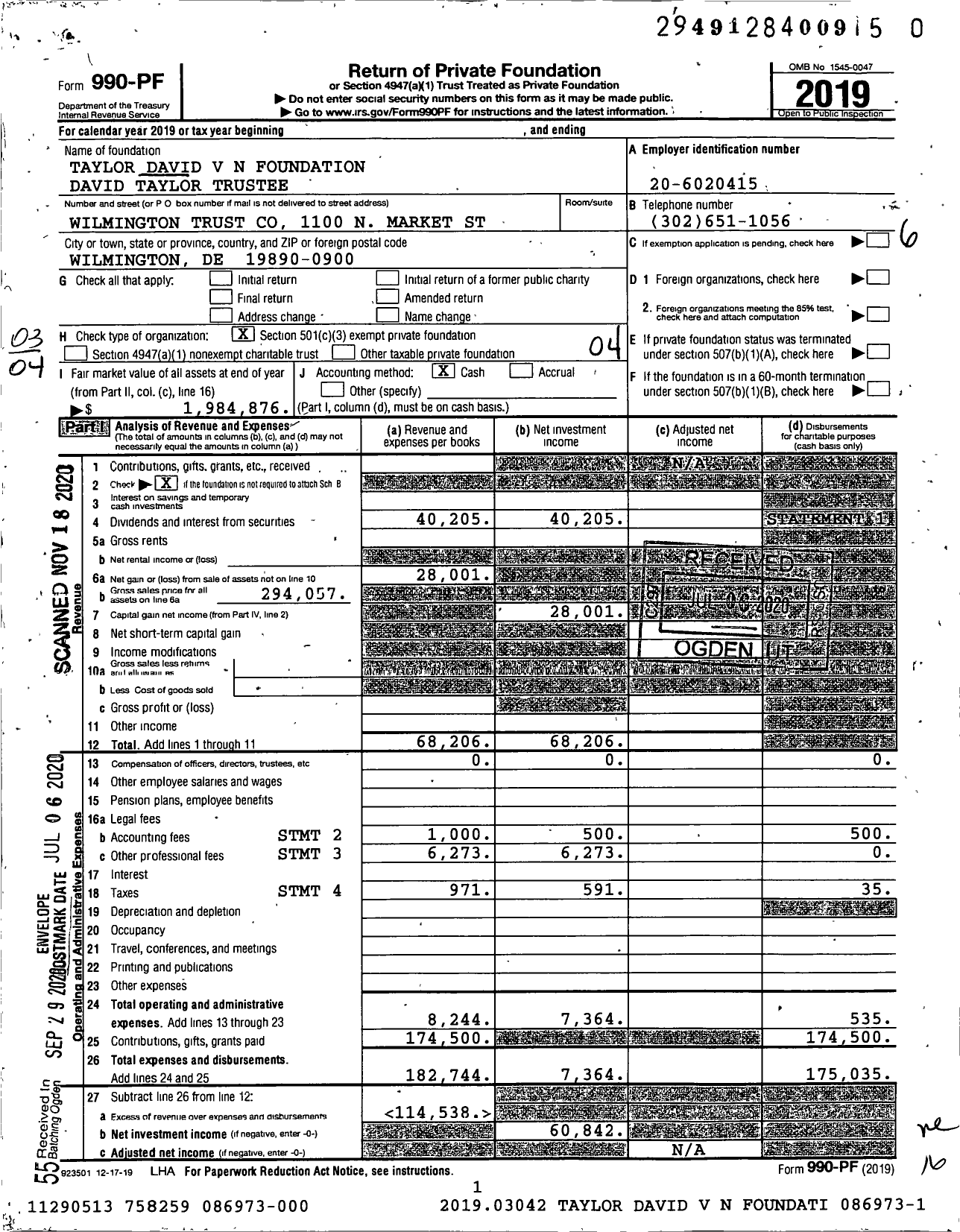 Image of first page of 2019 Form 990PF for Taylor David V N Foundation David Taylor