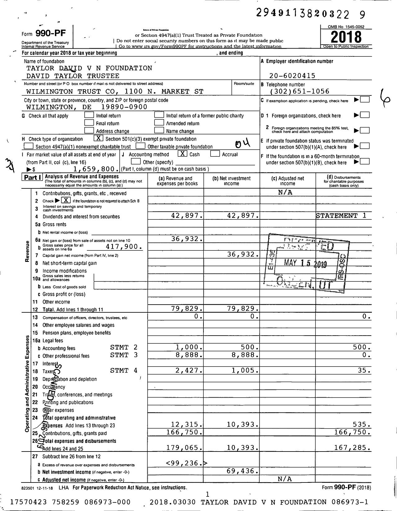 Image of first page of 2018 Form 990PF for Taylor David V N Foundation David Taylor