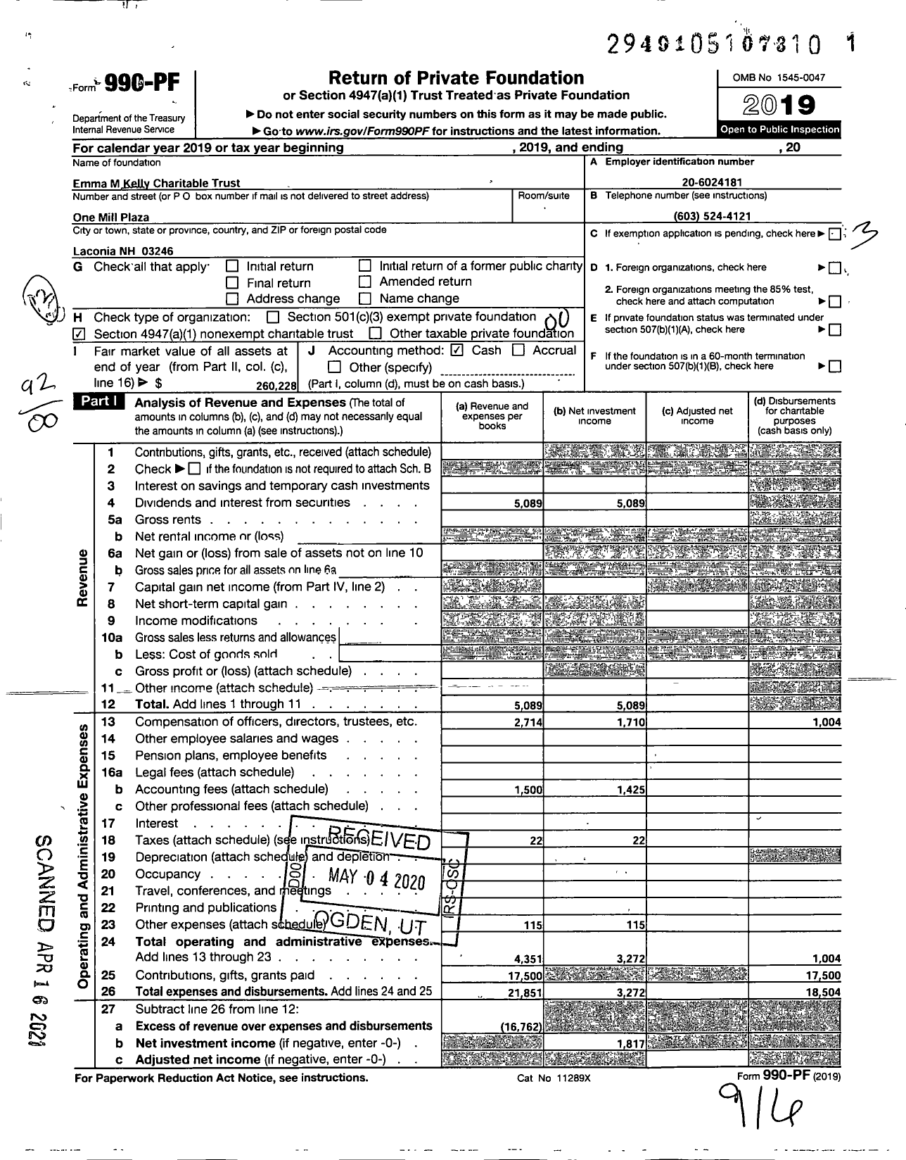 Image of first page of 2019 Form 990PF for Emma M Kelly Charitable Trust