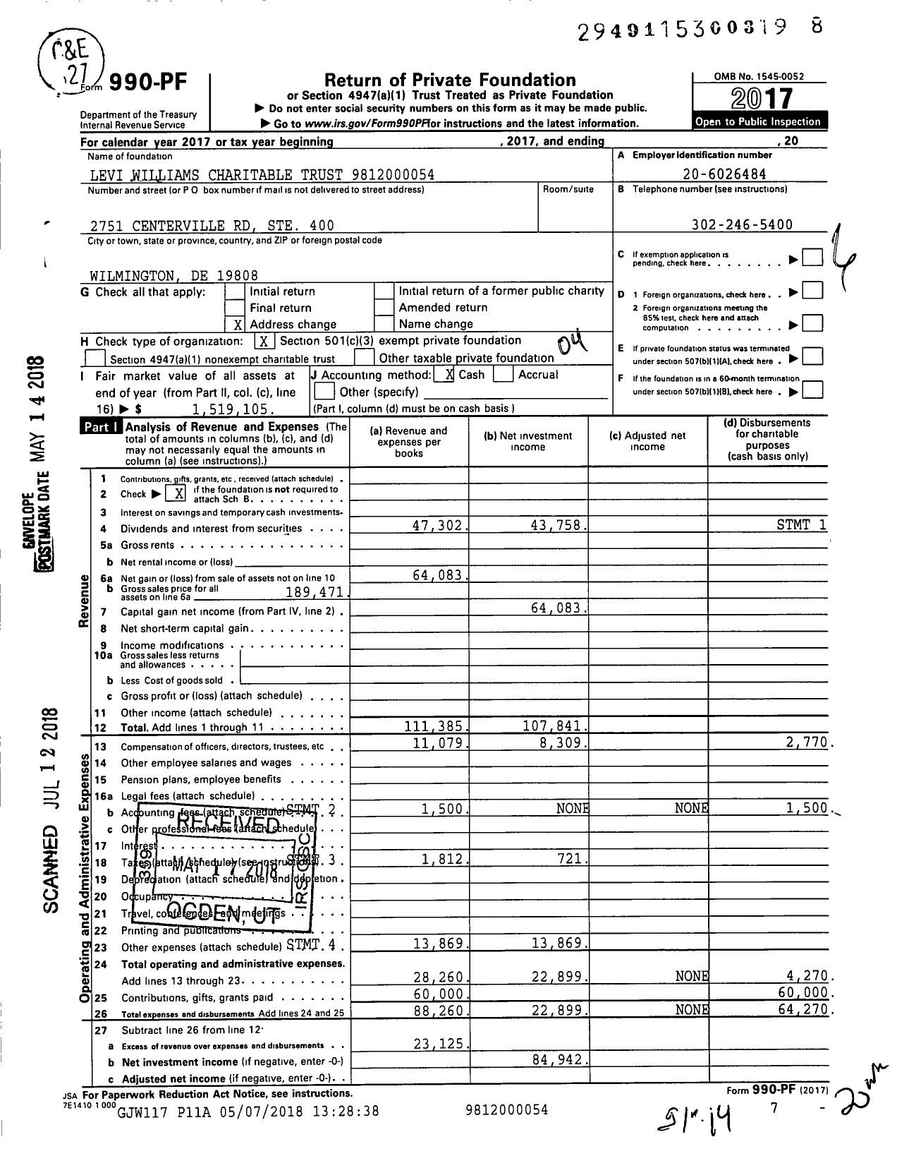 Image of first page of 2017 Form 990PF for Levi Williams Charitable Trust