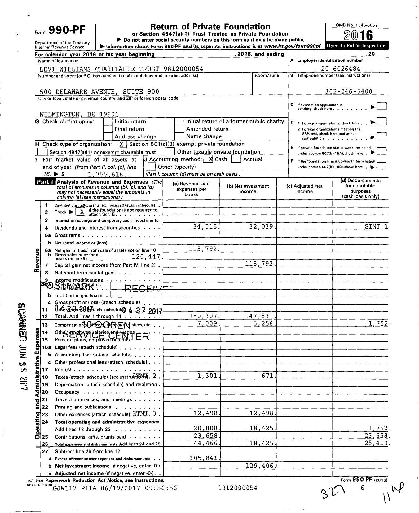 Image of first page of 2016 Form 990PF for Levi Williams Charitable Trust