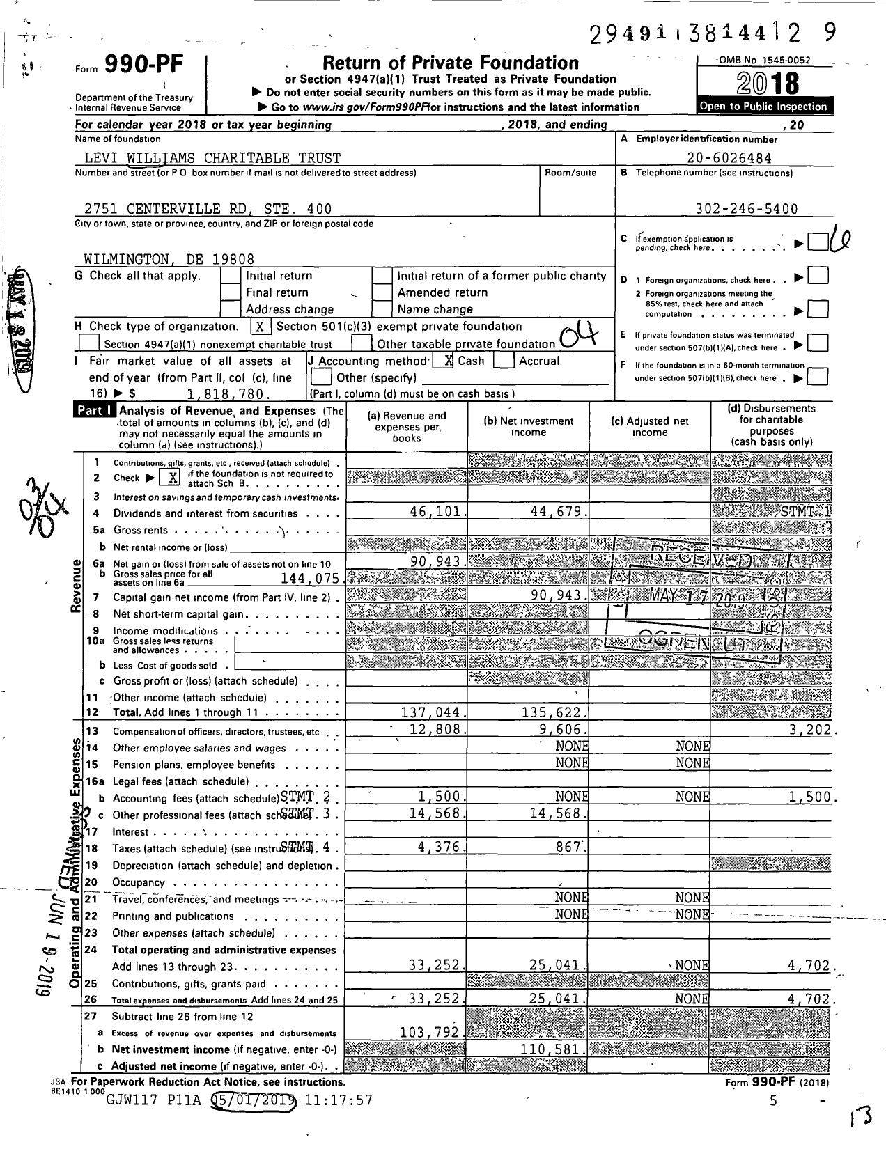 Image of first page of 2018 Form 990PF for Levi Williams Charitable Trust