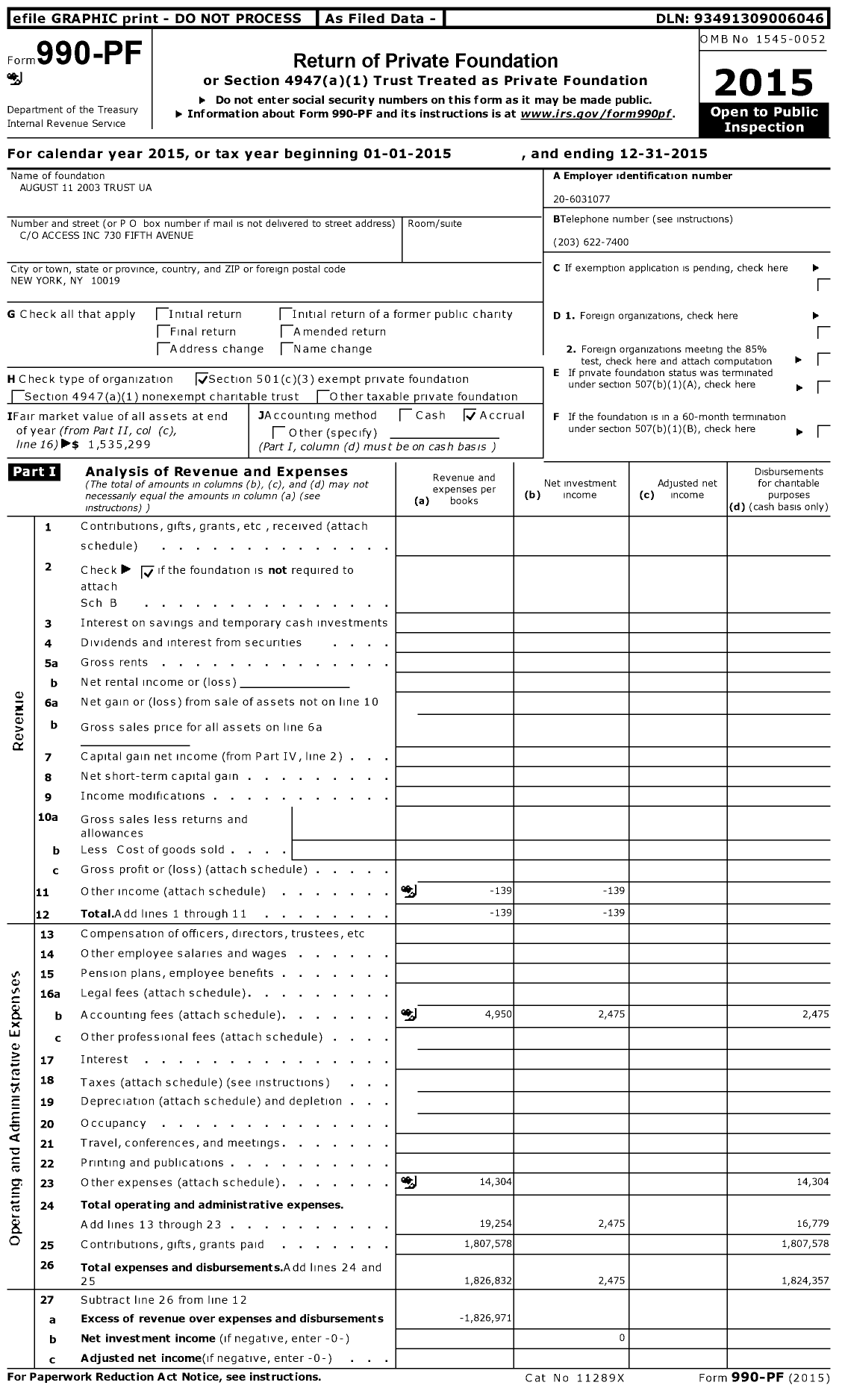 Image of first page of 2015 Form 990PF for August 11 2003 Trust UA