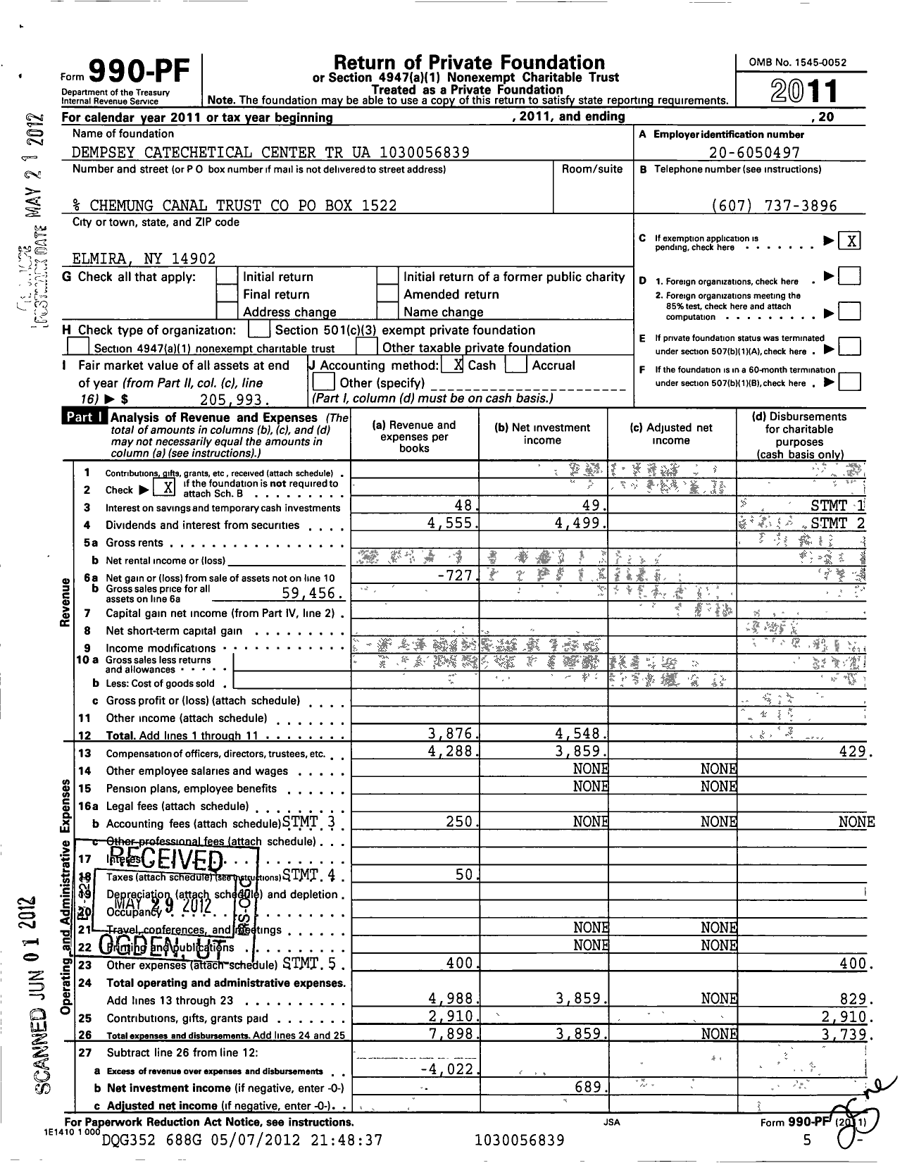 Image of first page of 2011 Form 990PF for Dempsey Catechetical Center Trust 1030056839