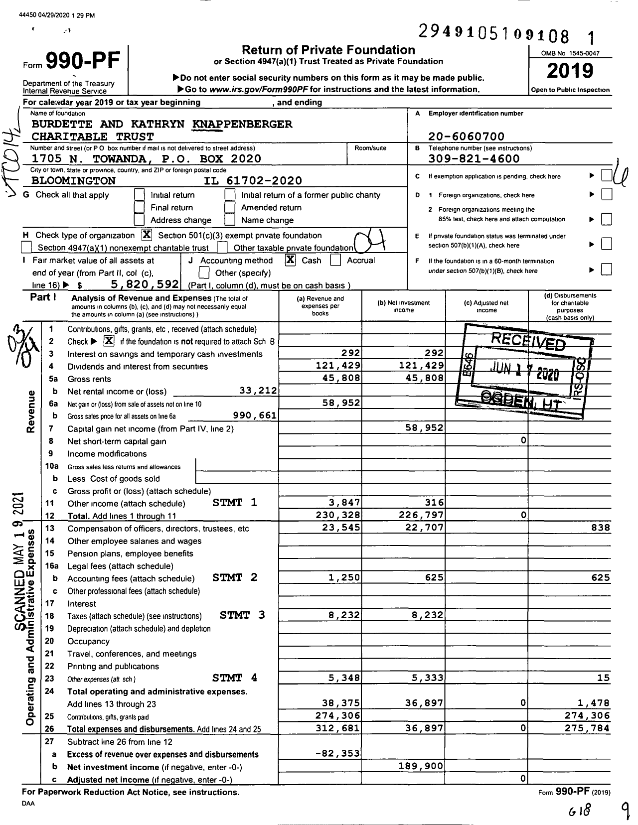 Image of first page of 2019 Form 990PF for Burdette and Kathryn Knappenberger Charitable Trust