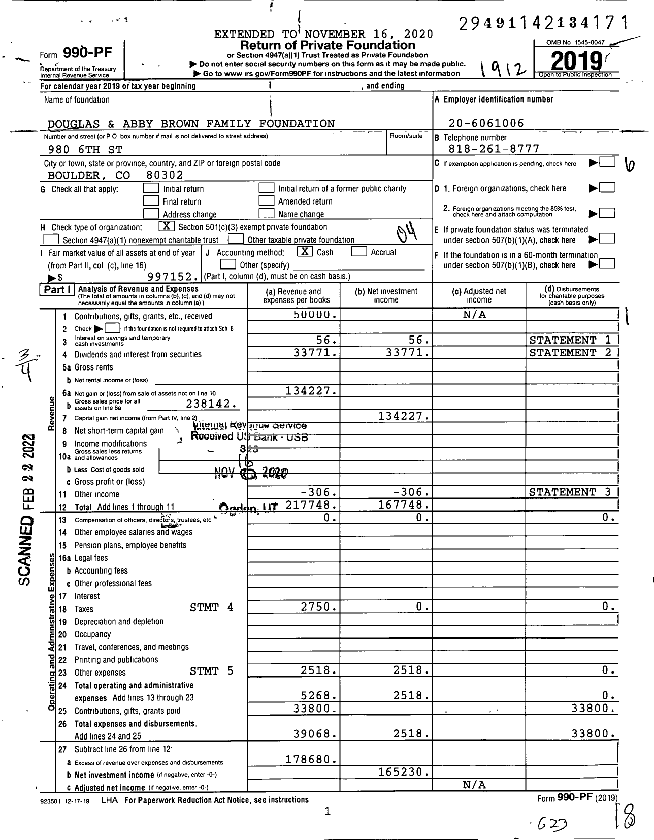 Image of first page of 2019 Form 990PF for Douglas & Abby Brown Family Foundation