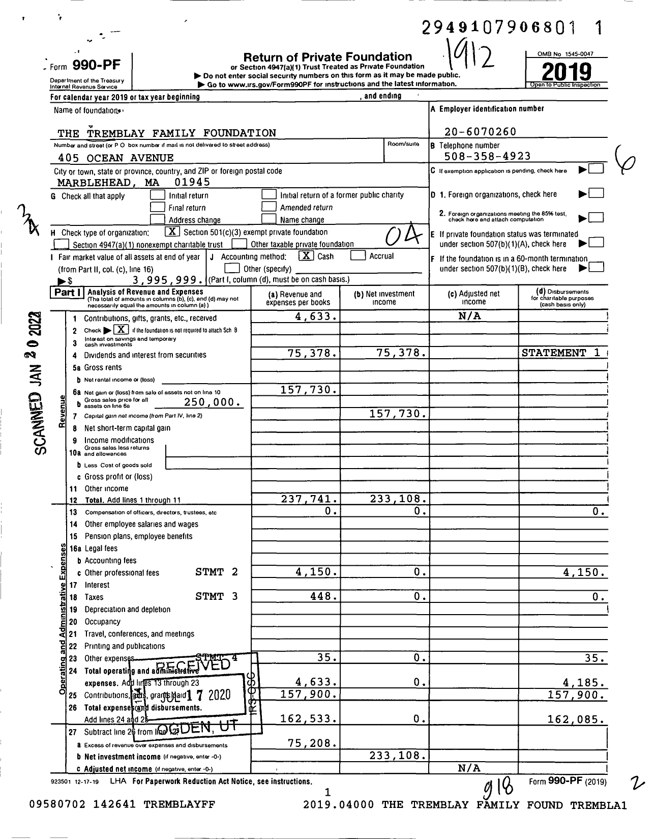 Image of first page of 2019 Form 990PF for The Tremblay Family Foundation