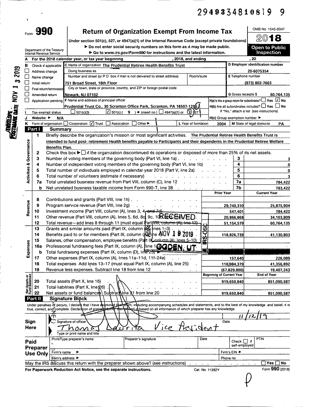 Image of first page of 2018 Form 990O for The Prudential Retiree Health Benefits Trust