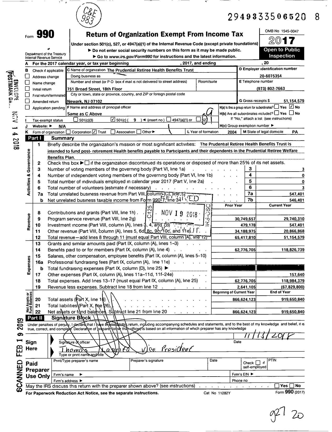 Image of first page of 2017 Form 990O for The Prudential Retiree Health Benefits Trust