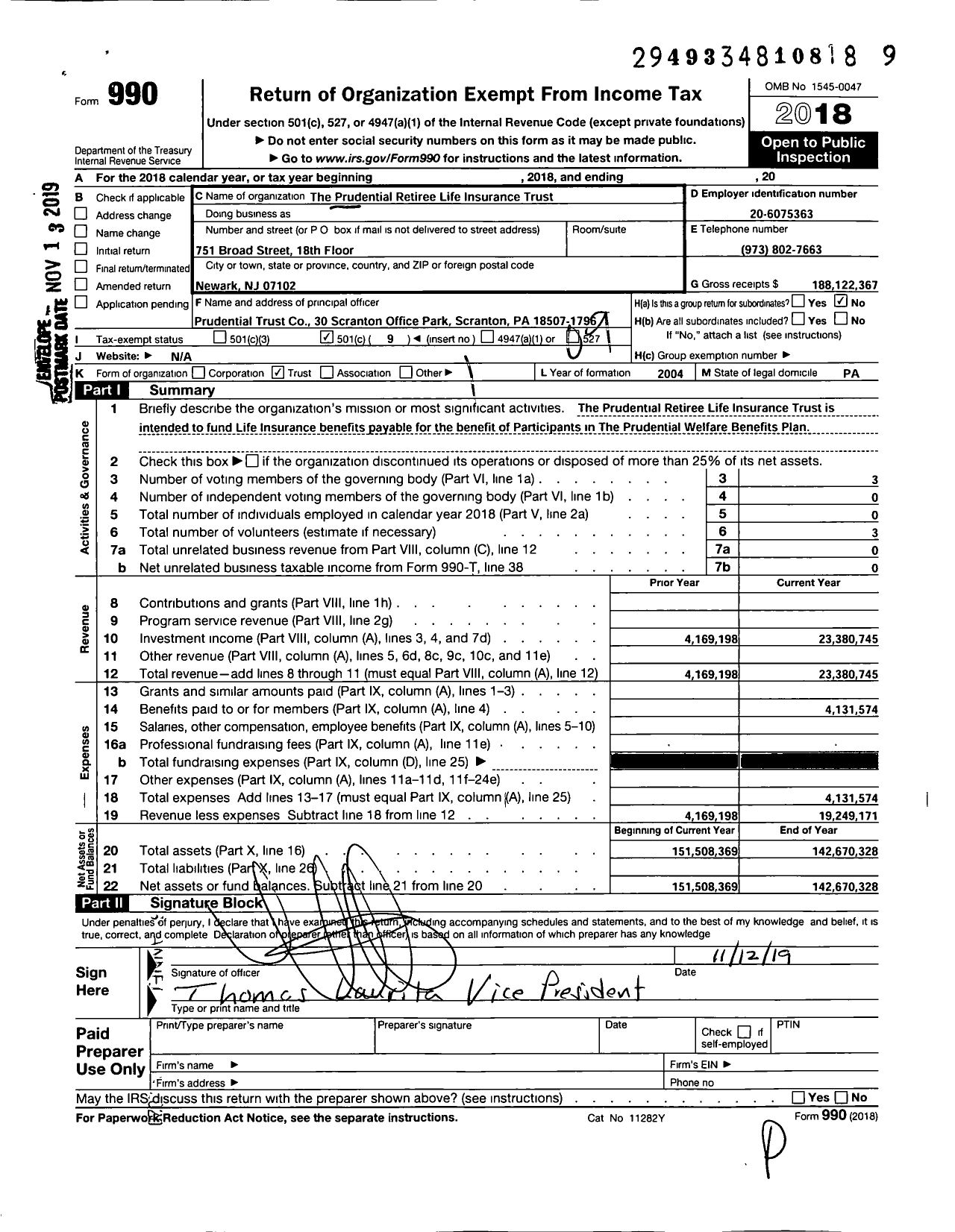 Image of first page of 2018 Form 990O for Prudential Retiree Life Insurance Trust