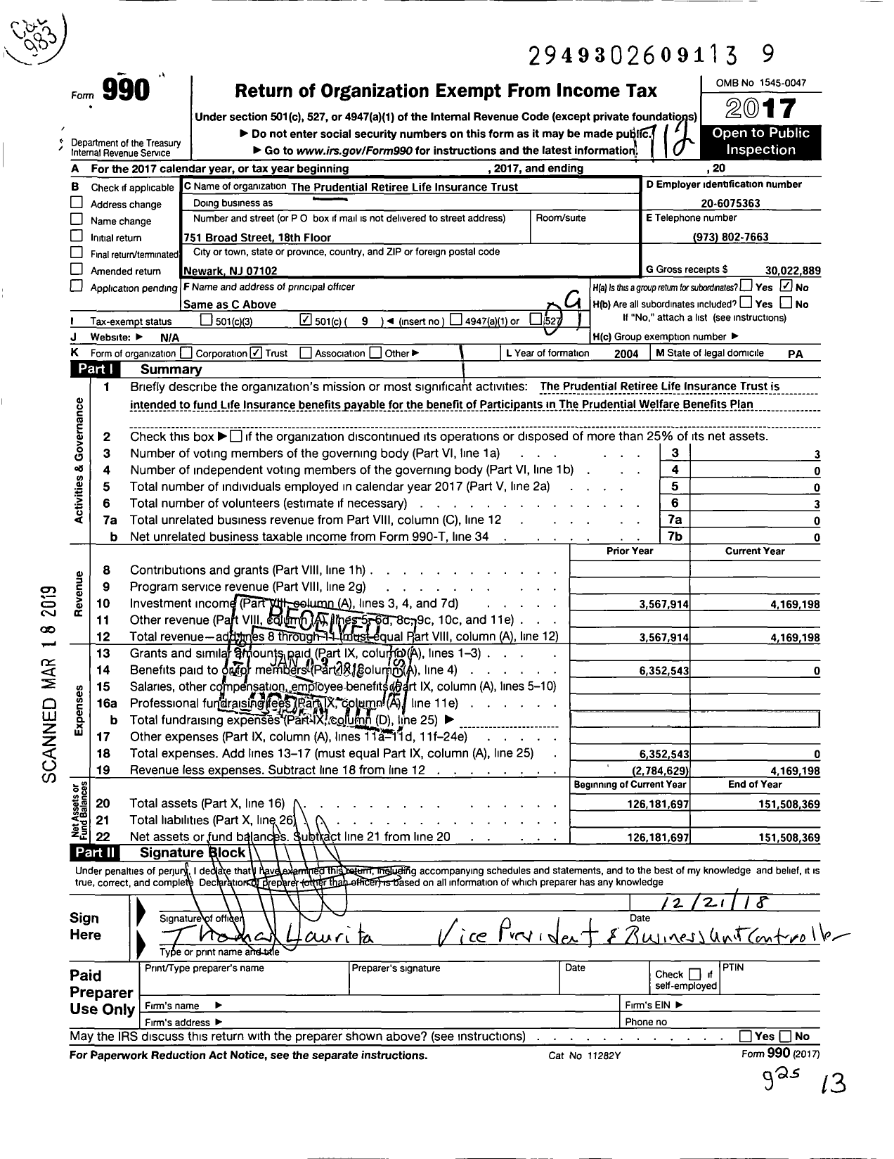 Image of first page of 2017 Form 990O for Prudential Retiree Life Insurance Trust