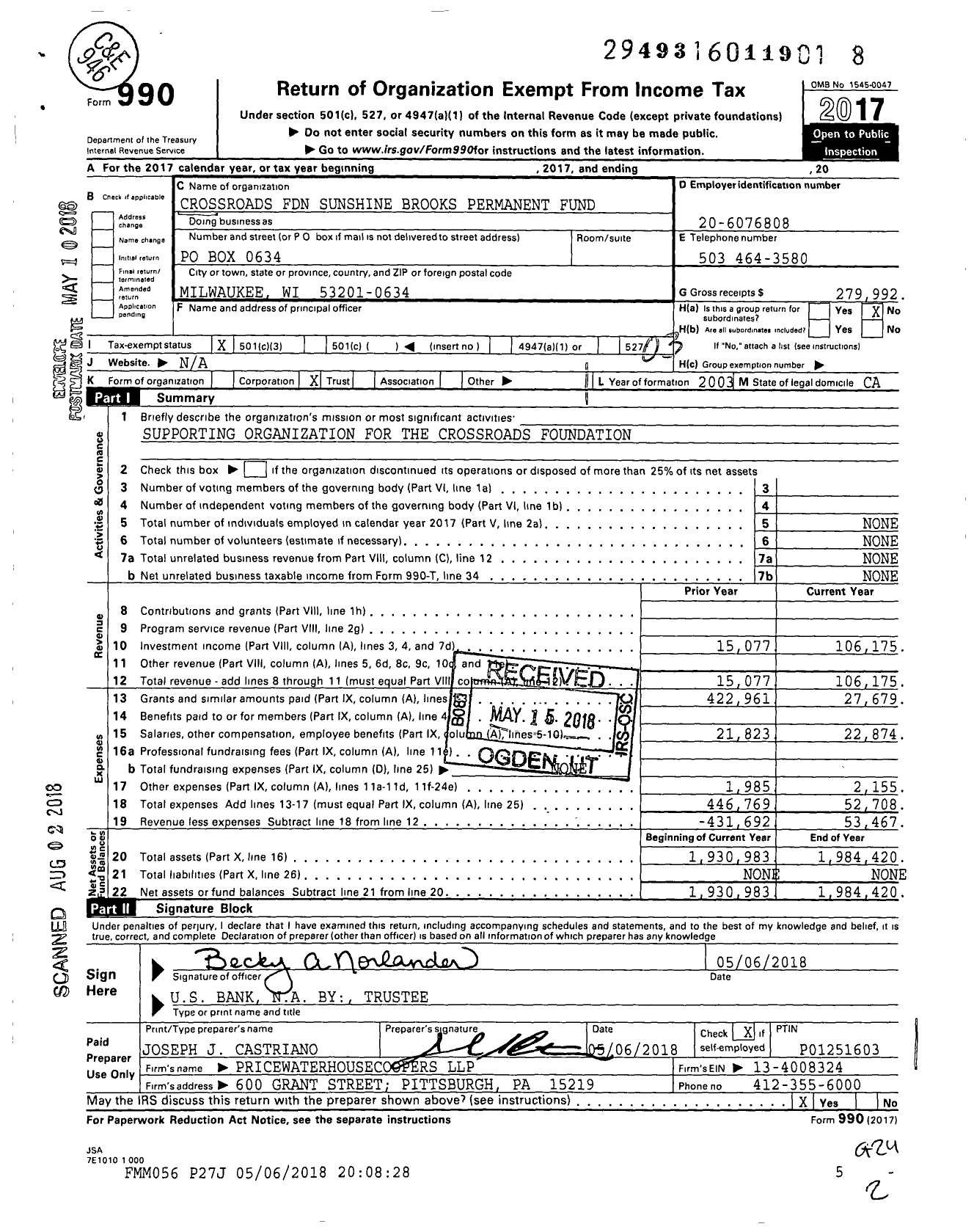 Image of first page of 2017 Form 990 for Crossroads Foundation Sunshine Brooks