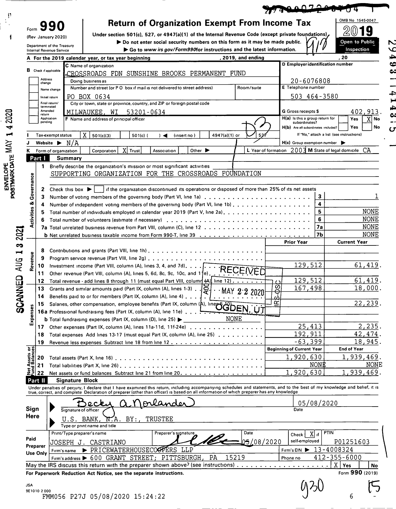 Image of first page of 2019 Form 990 for Crossroads Foundation Sunshine Brooks