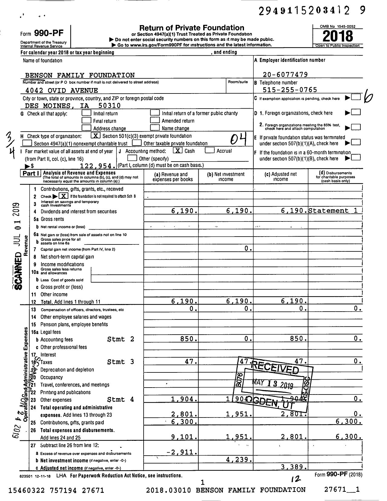 Image of first page of 2018 Form 990PF for Benson Family Foundation / Johnson Sandra B Ttee