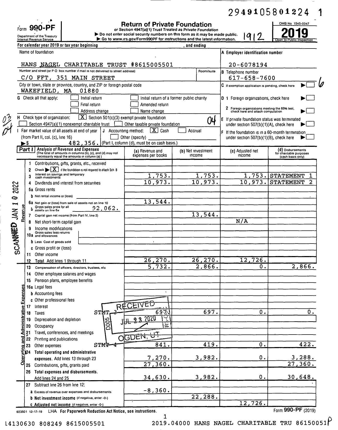 Image of first page of 2019 Form 990PF for Hans Nagel Charitable Trust #8615005501