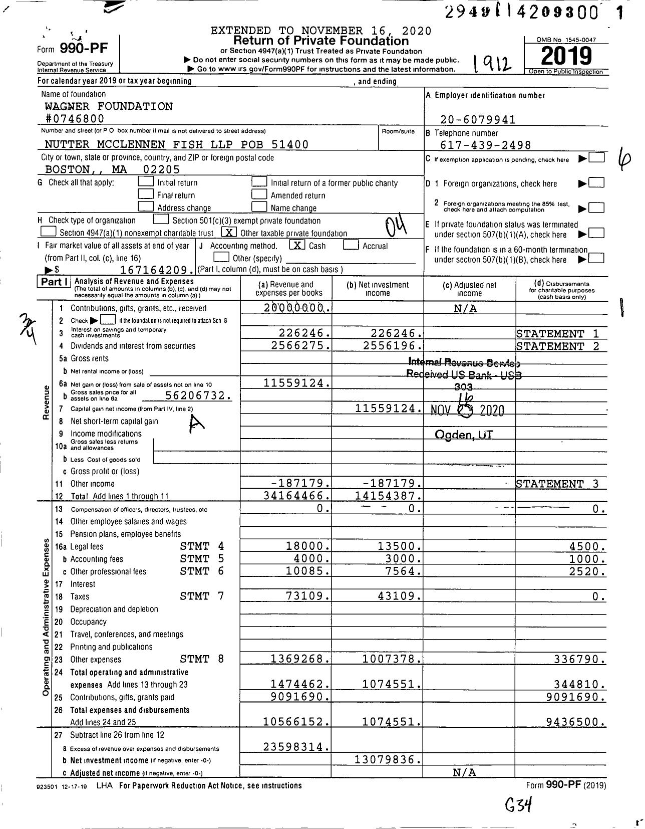 Image of first page of 2019 Form 990PF for Wagner Foundation