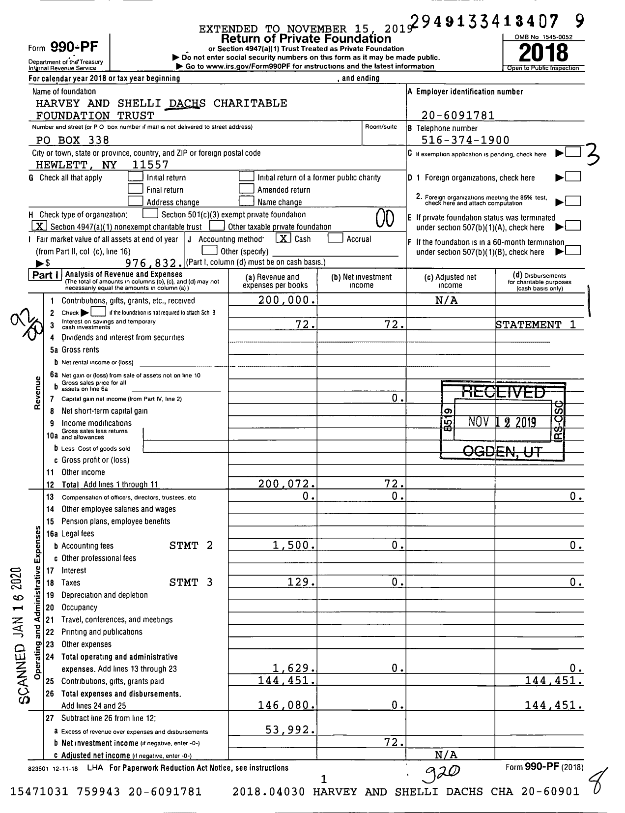 Image of first page of 2018 Form 990PF for Harvey and Shelli Dachs Charitable Foundation Trust